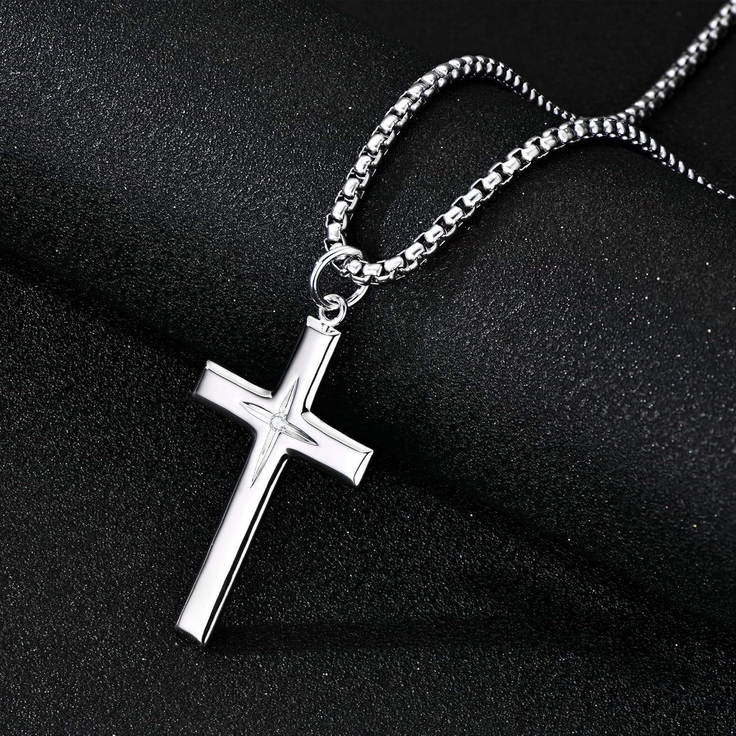 925 Sterling Silver Cross Necklace for Men Women Durable Stainless Steel Rolo Cross Chain 18K White Gold Plated Beveled Edge Black Gothic Rivets Textured Moissanite Crucifix Pendant Necklace 24” - Image 7