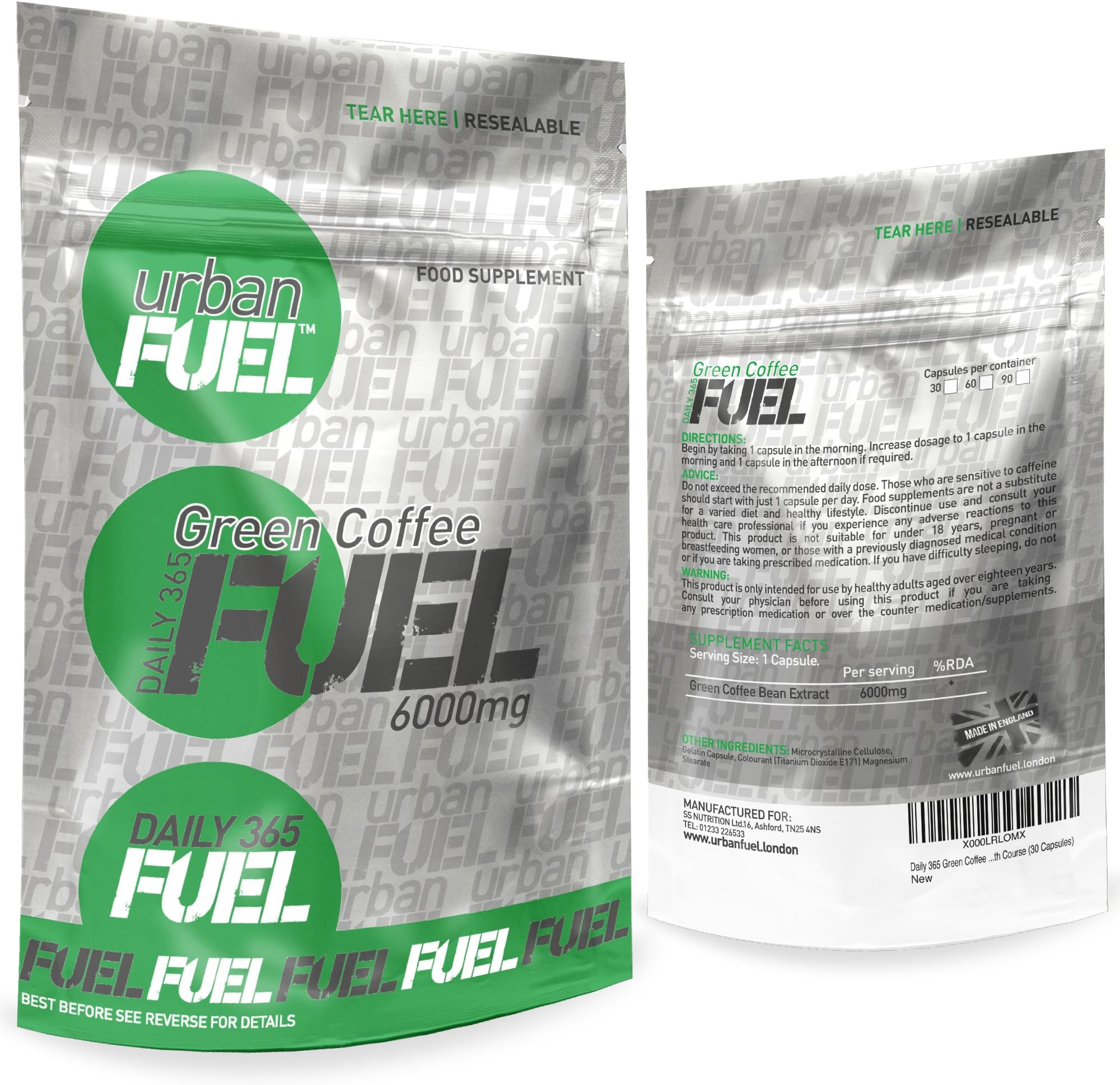 Urban Fuel Active Green Coffee Max Strength 6000mg - Pure Green Coffee Bean Extract Premium GCA (50% Chlorogenic Acids) Natural Food Supplement - 90 Capsules