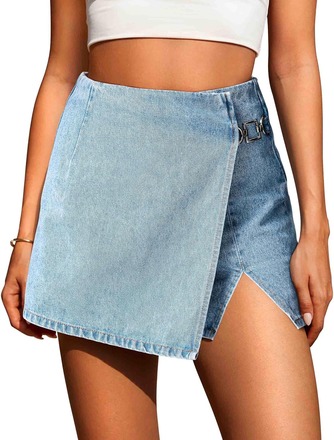 Eddoyee Jean Skorts for Women Pockets Denim Mini Skirts Trendy Country Skirt with Shorts Casual Stretchy High Waisted