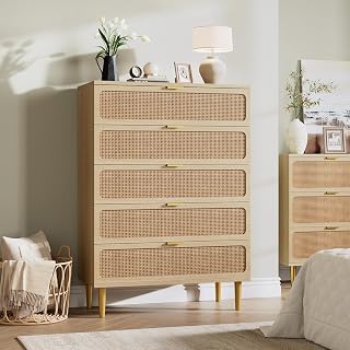 GarveeHome Rattan 5 Drawer Dressers for Bedroom, Deep Drawer, Natural