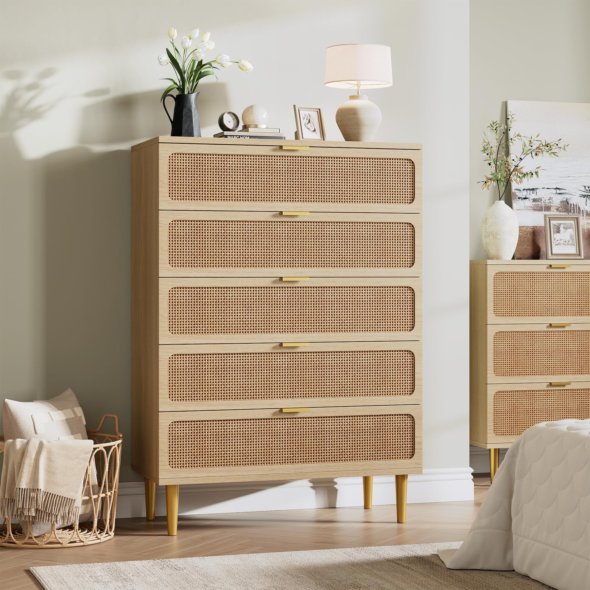 GarveeHome Rattan 5 Drawer Dresser, Natural