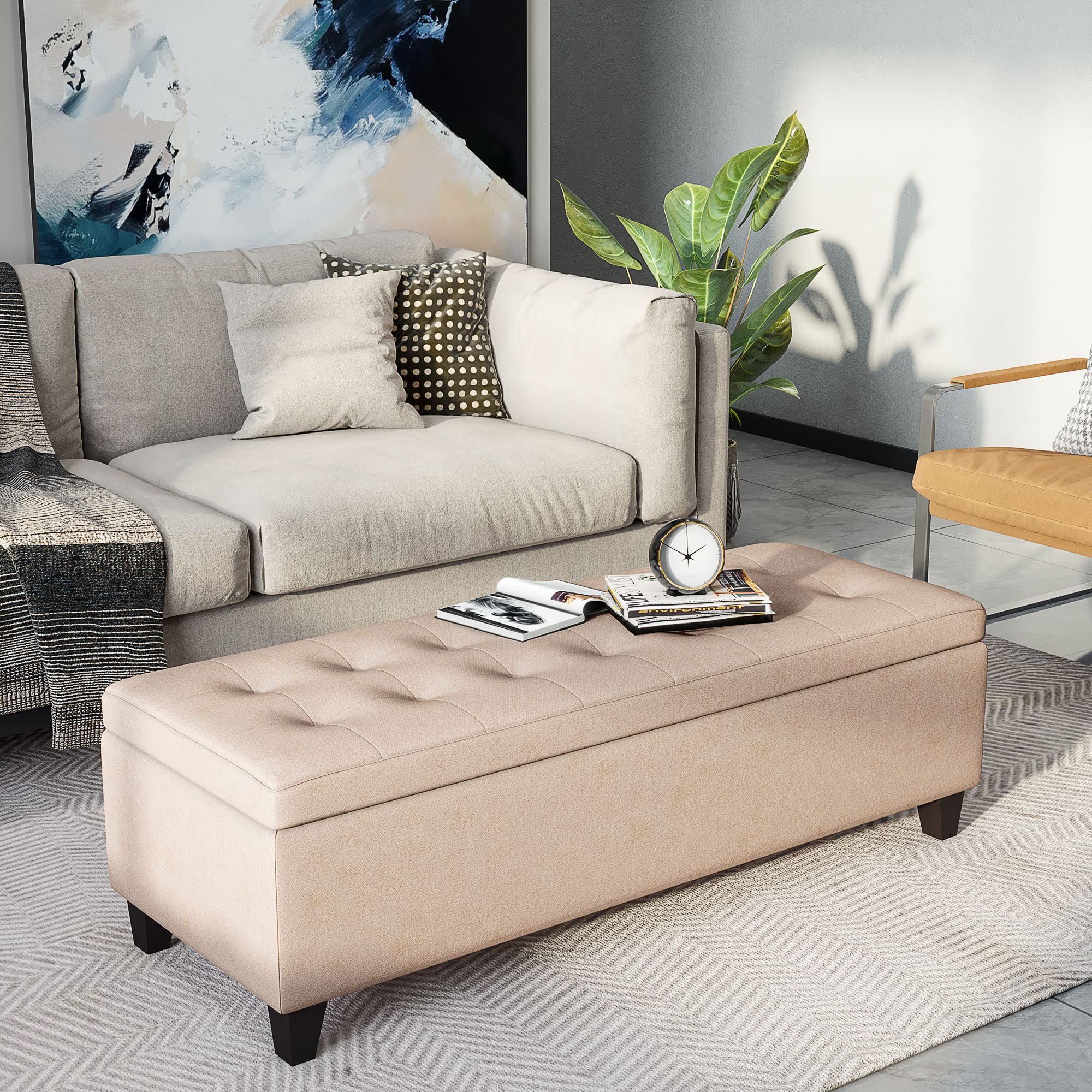 HOMCOM Banco de Almacenamiento Acolchado Puff de Almacenaje Taburete Tapizado en Lino con Tapa Abatible para Salón Entrada Dormitorio Carga 120 kg 125x49x41,5 cm Beige