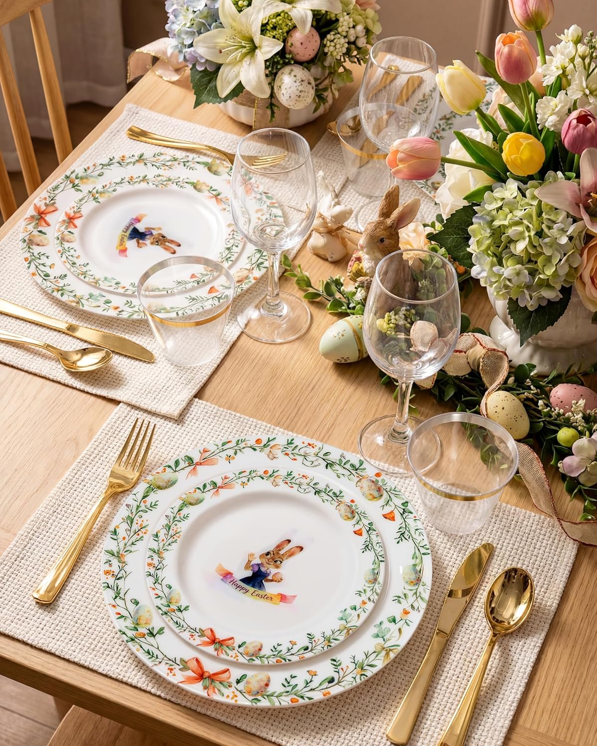 Hioasis 40pcs Easter Plastic Plates - Bunny & Egg Disposable Dinnerware Set, 20pcs 10.25" Dinner Plates & 20pcs 7.5" Dessert Plates, Perfect for Easter Party & 20 Guests