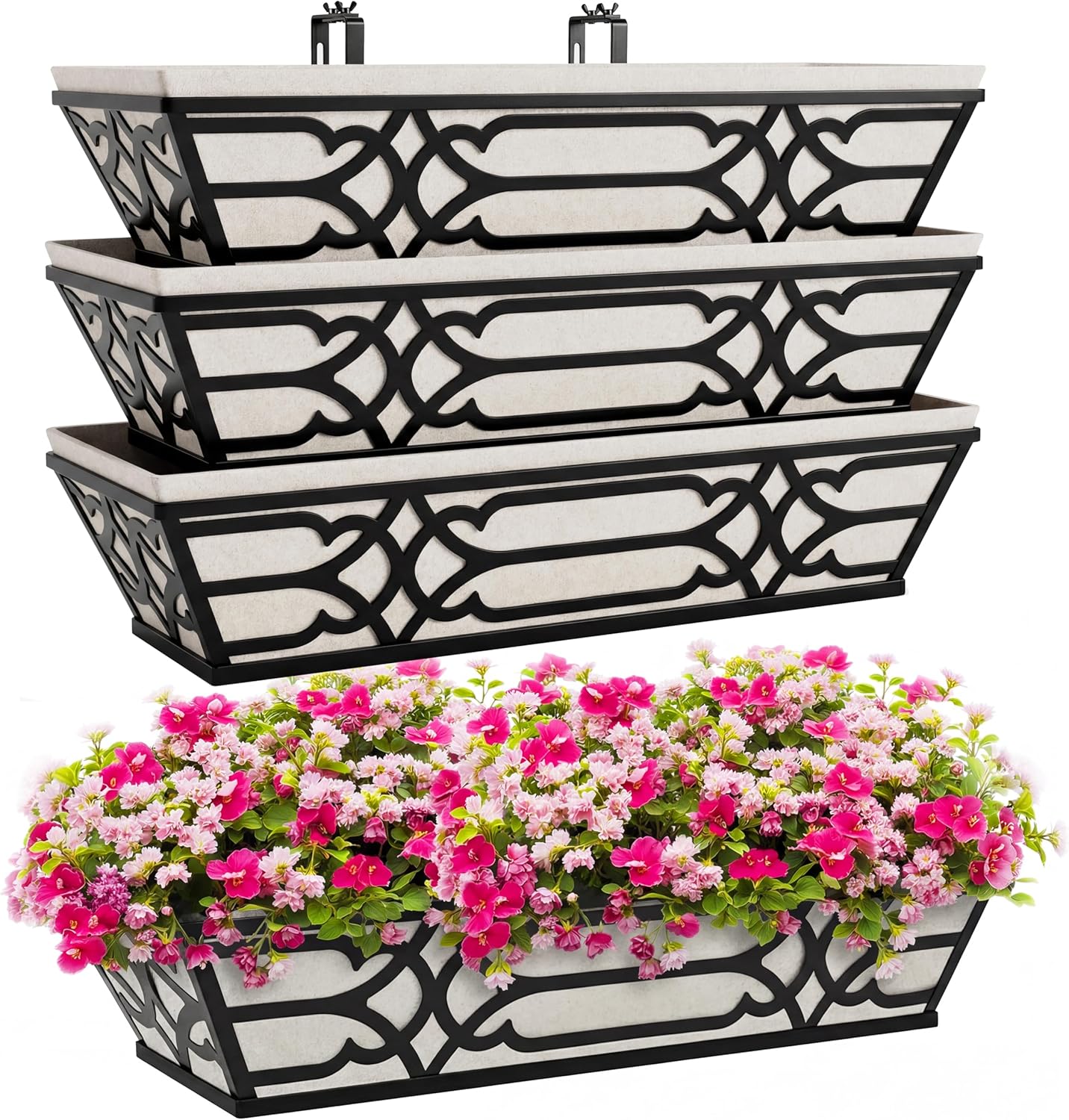 Window Planter Box, Railing Planter Box with Non-Woven Fabric Liners, 4 Pack 24" Hanging Flower Baskets for Outdoor Plants, Metal Deck Railing Planters with Adjustable Brackets, Apartment Balcony
