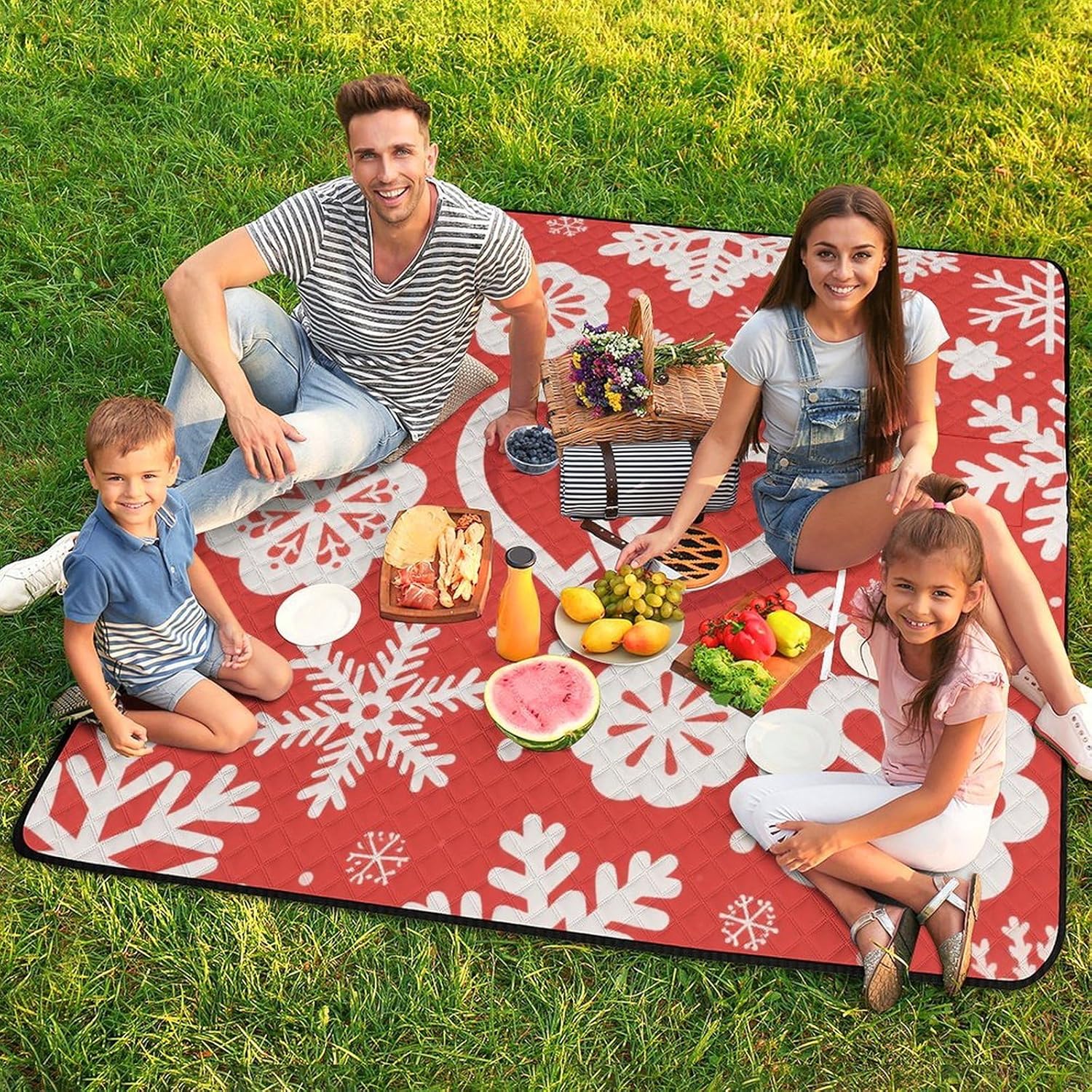 Valentine Hearts Snowflake Flower Picnic Blanket 200x200cm, Foldable 2-in-1 Picnic Mat and Tote Bag Portable Waterproof Beach Mat Sandproof Outdoor Blanket for Park, Hiking, Beach, Camping, Travel