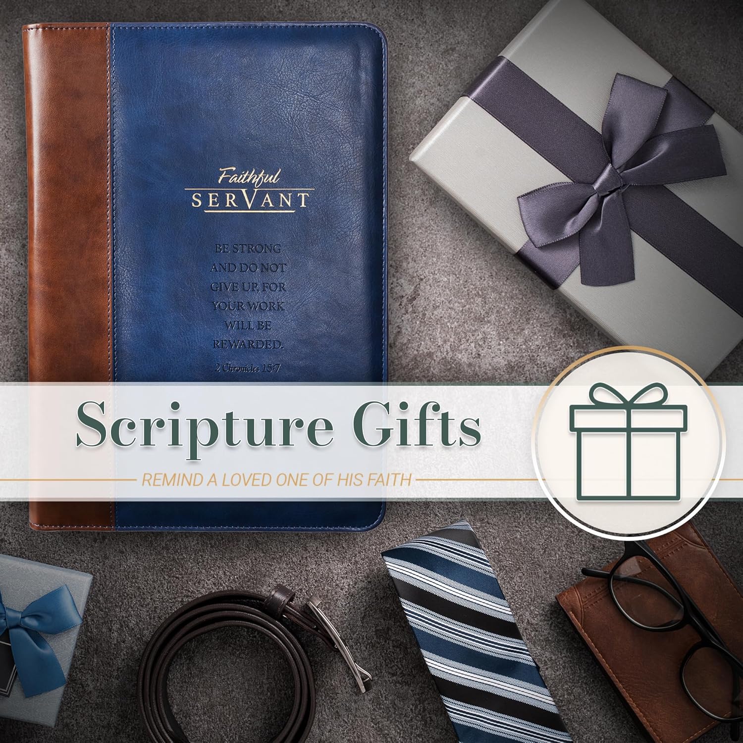 Christian Art Gifts Faithful Servant 2 Chronicles 15:7 Zippered Brown Faux Leather Padfolio/Portfolio Folder Notepad with Single Pen with Highlighter Tip for Notes