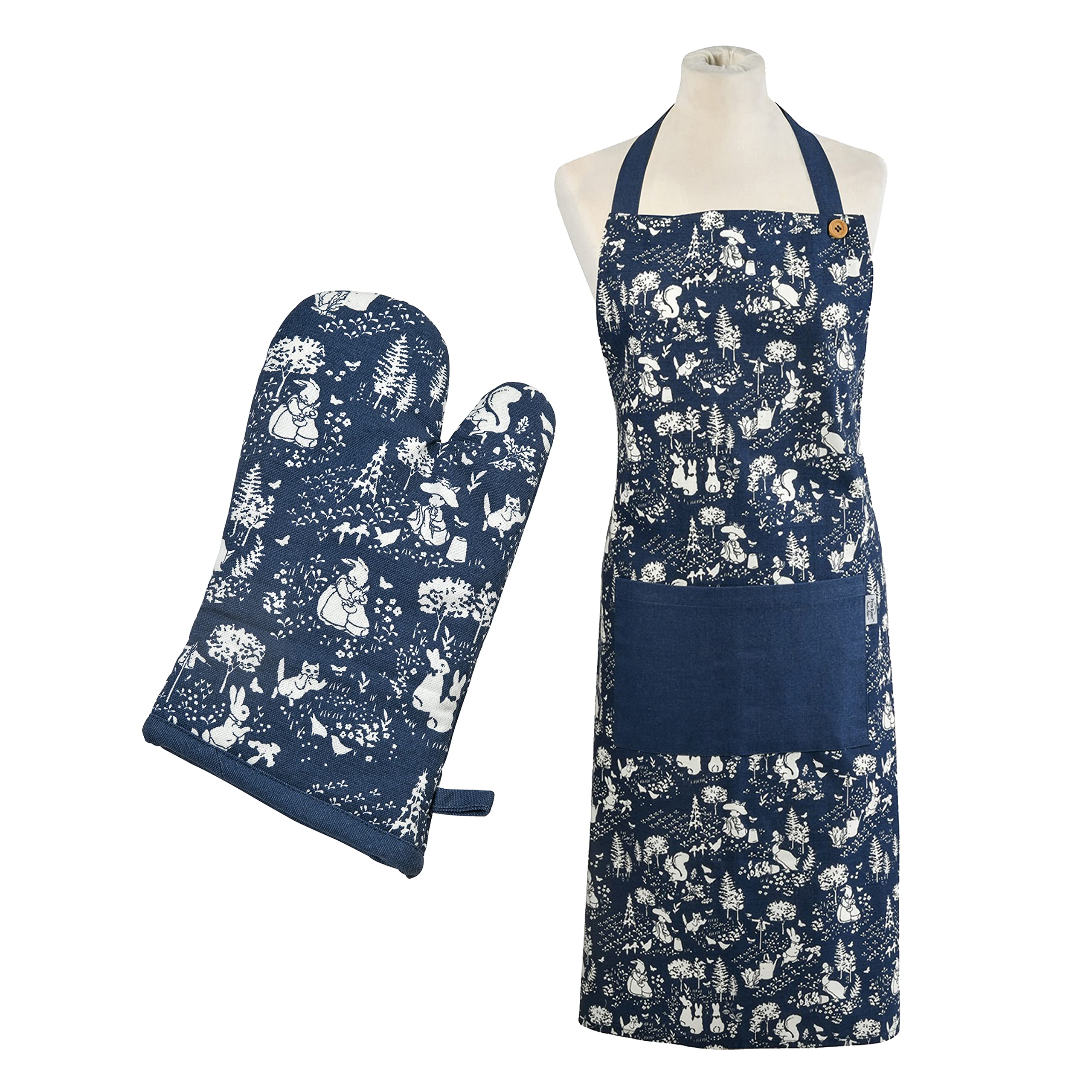 Auntie Morags Dark Blue Peter Rabbit Classic Cotton Apron & Oven Gauntlet Set