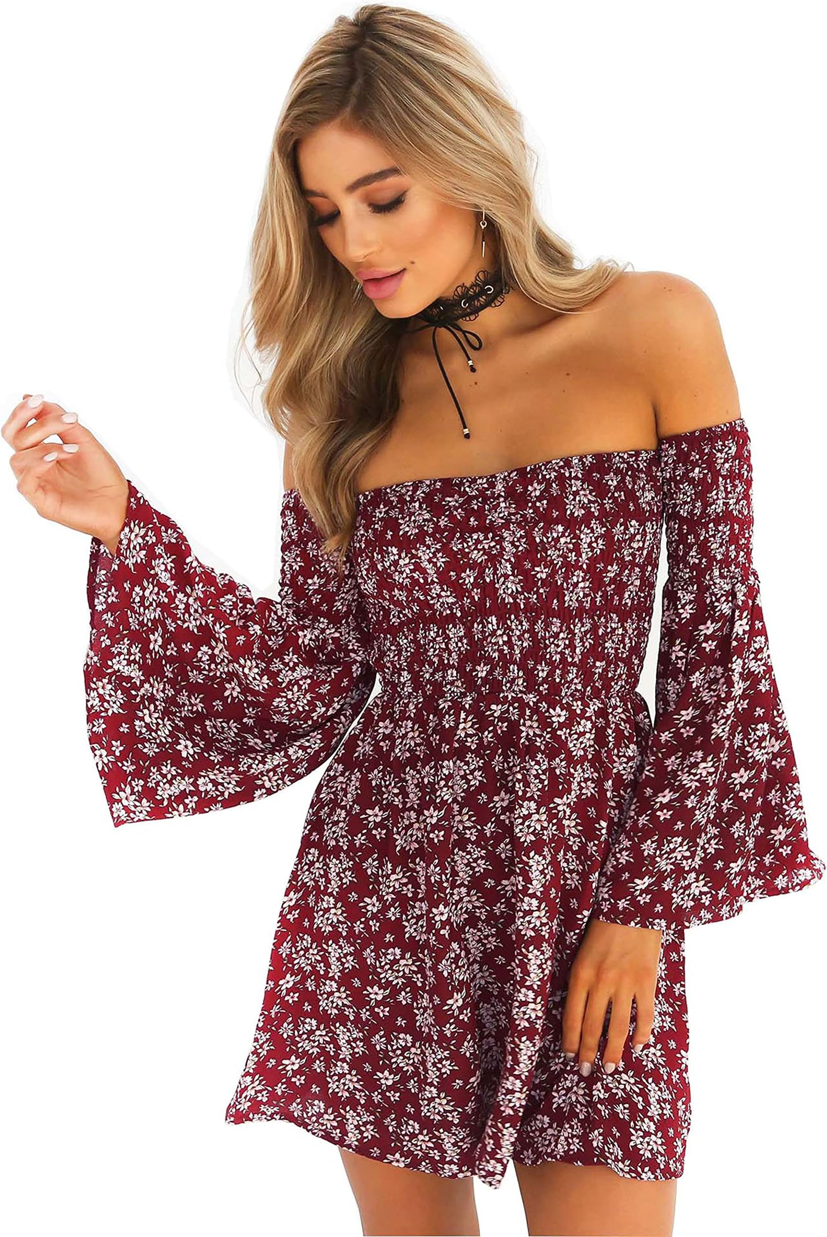 ONEYIMWomen's Dress Summer Floral Long Sleeve Off Shoulder Casual Mini Dresses