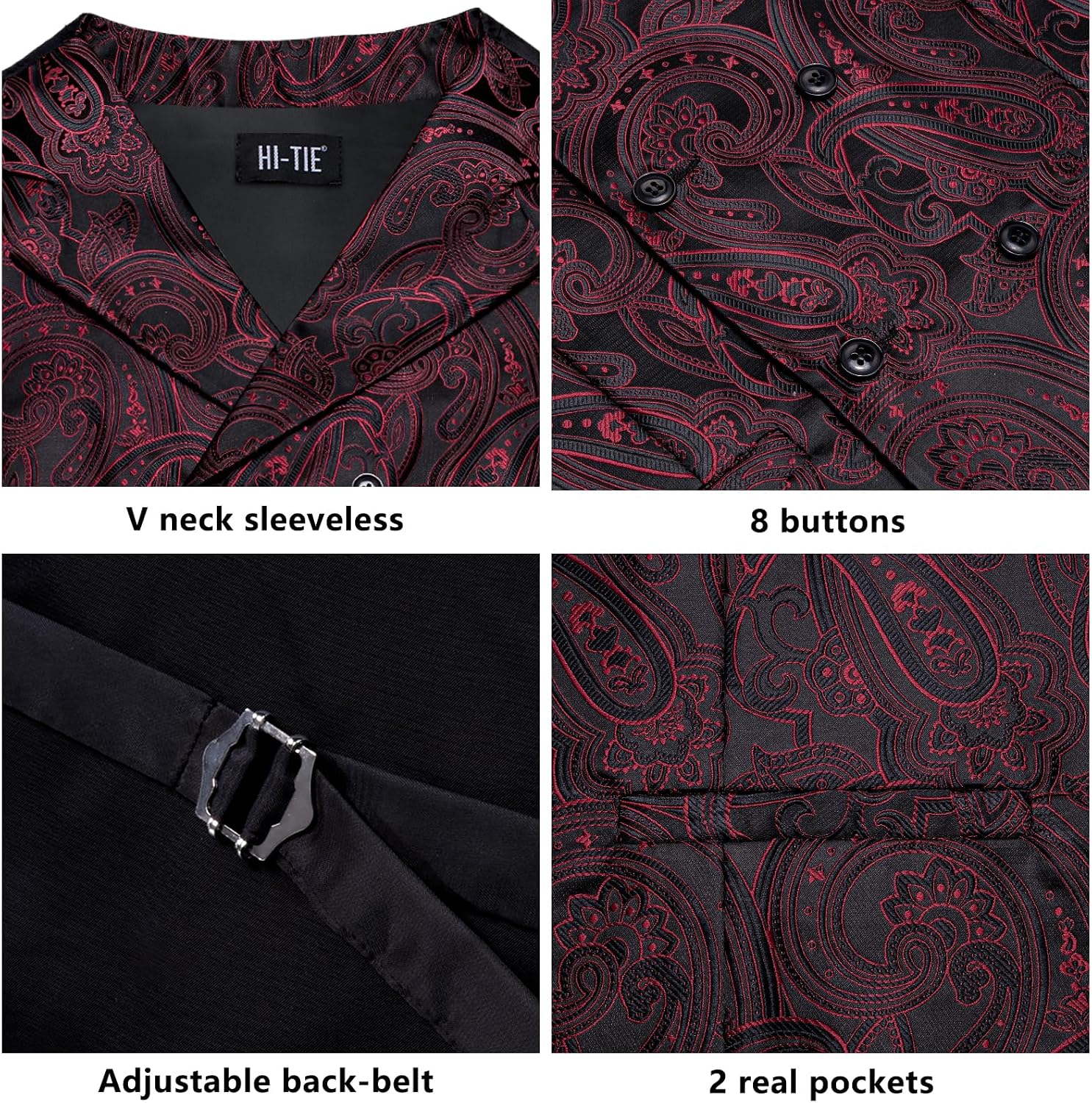 Hi-Tie Double Breasted Suit Vest Tie Set For Men Waistcoat Lapel Pin Handkerchief Cufflinks Tie Clip Suit Tuxedo 6Pcs