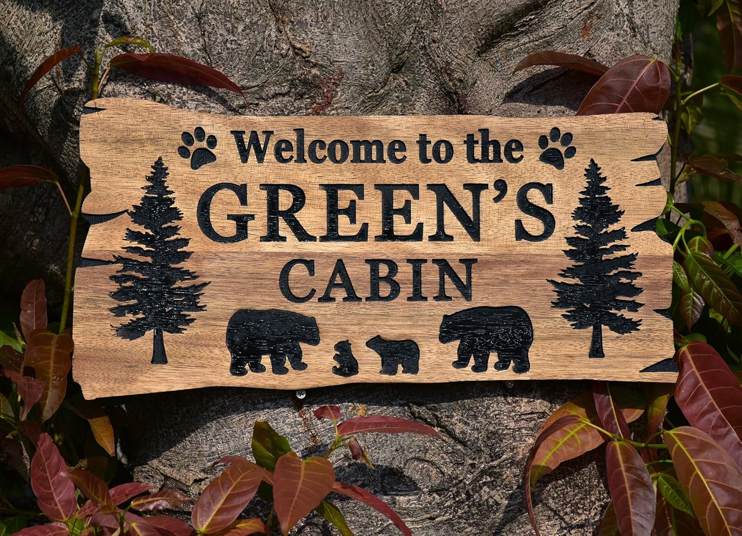 Custom Family Name Sign, Personalized Bear Family Wood Cabin Signs, Welcome Sign, Large Outdoor Wooden Last Name Sign, Nature Sign, Black Bear Plaque, Family Members Birthday Present