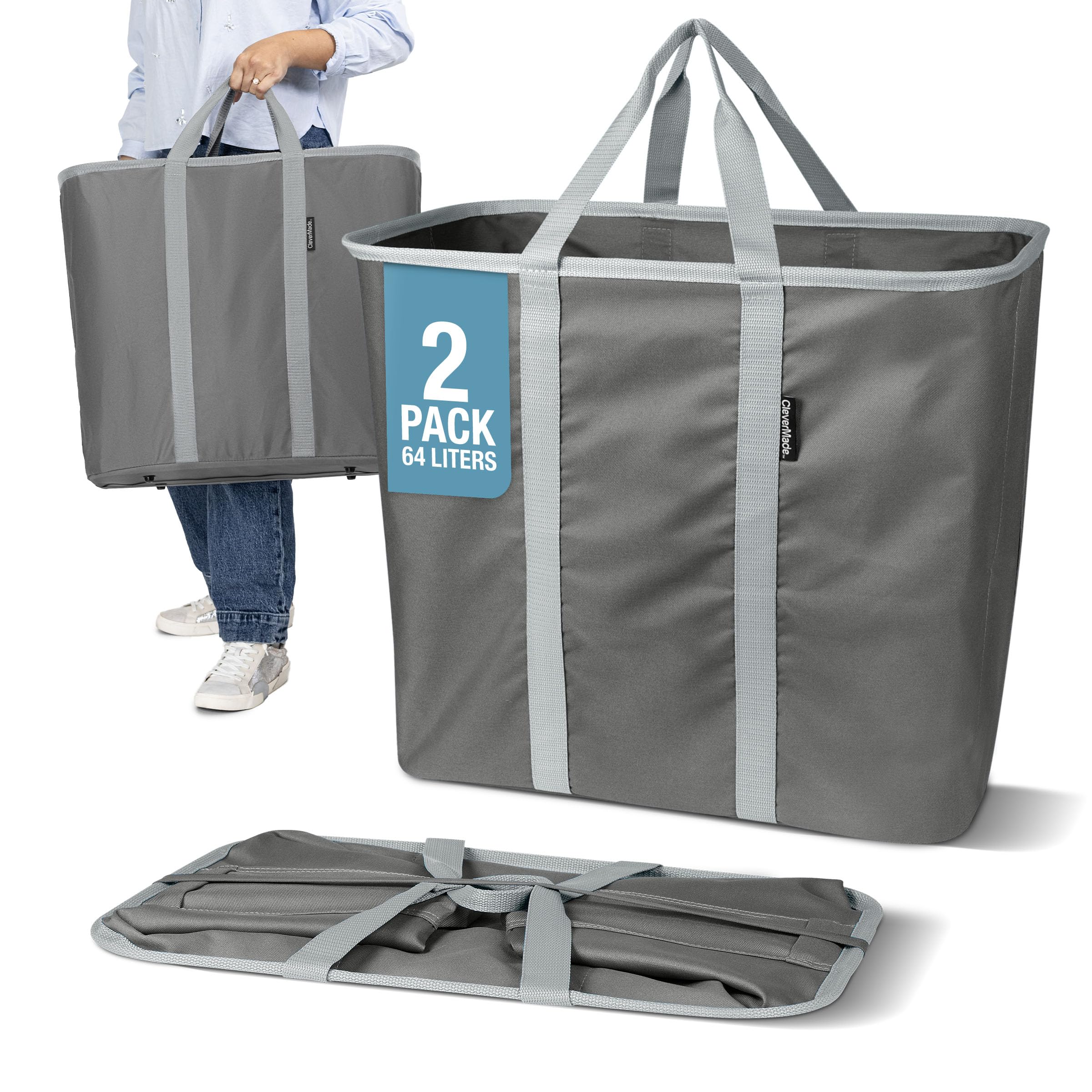 CleverMade Collapsible Laundry Caddy – Foldable Laundry Hamper & Tote, XXL 64L Pop-Up Laundry Basket with Handles, Space-Saving Laundry Organizer for