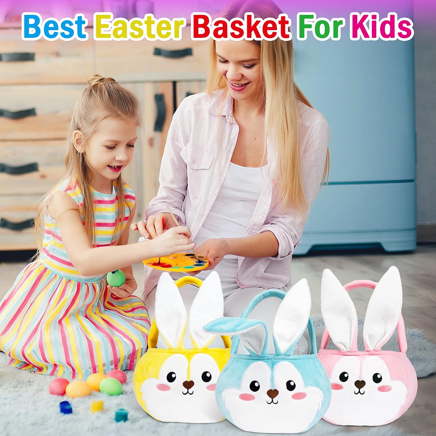 Easter Baskets 3 Pack Cute Empty Bunny Basket with Foldable Ears and Handle for Kids Boy Girl Gift, Easter Decor Set 3 Pink Blue Yellow