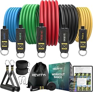 Gomas Elasticas Musculacion - Set de 5 Bandas Elasticas Musculacion con Asas para Gimnasio en Casa, Fitness y Musculación - Plan PDF 30 Días - Bandas de Resistencia de Látex Natural Duradero