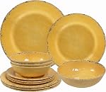 12-Piece Rustic Melamine Dinnerware Set With Dinner Plate, Salad Plate And Large Capacity All Purpose Bowls,Service for 4, Indoor And Outdoor Use, Yellow