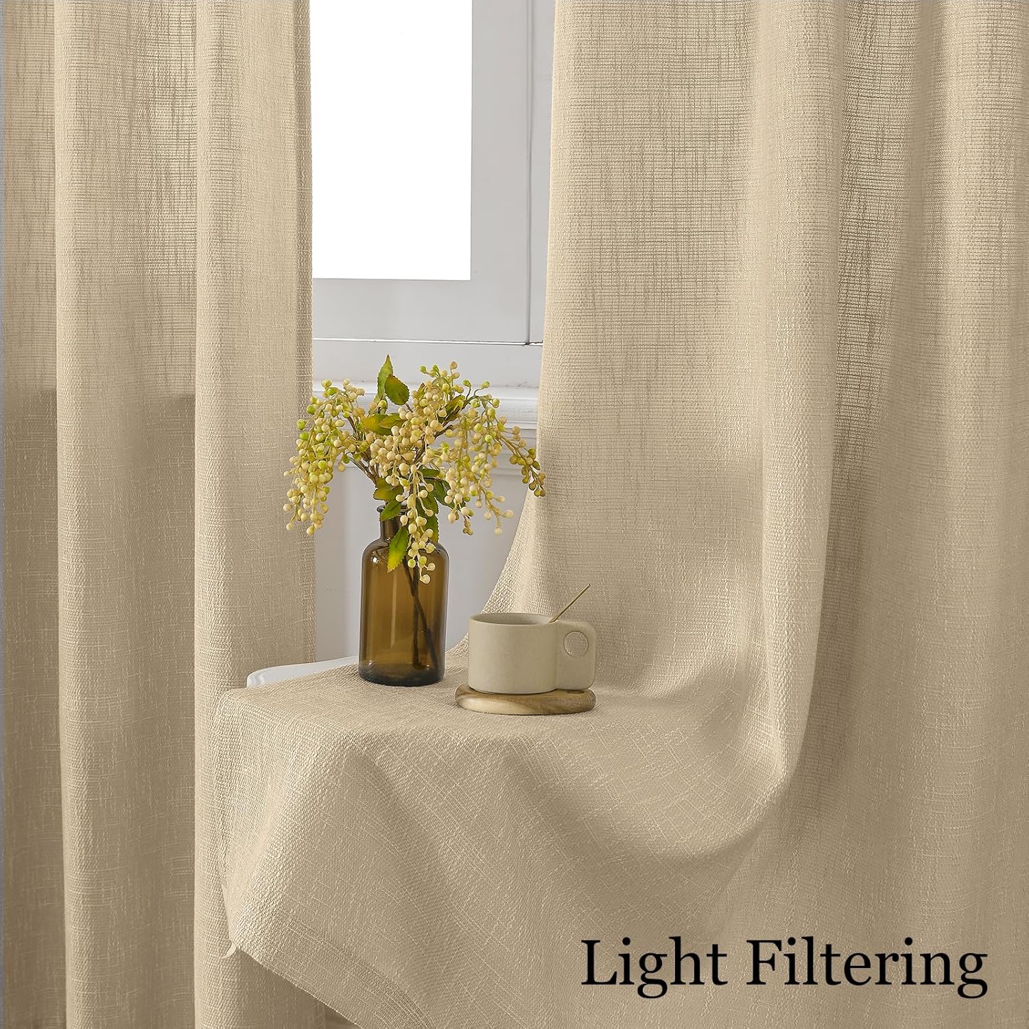Burlap Linen Farmhouse Curtains 84 inch Length 2 Panels for Living Room Textured Thick Light Filtering Privacy Window Curtain Drapes with Grommet for Bedroom 7ft (52x84 Khaki)
