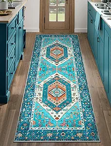 SERISSA Boho Washable Runner Rug, 2x5 Rug Runner Non-Slip Vintage Blue Hallway Kitchen Runner Rug Ultra Soft Print Distressed Tribal Floor Carpet Runner for Bedroom Bathroom Laundry Living Room