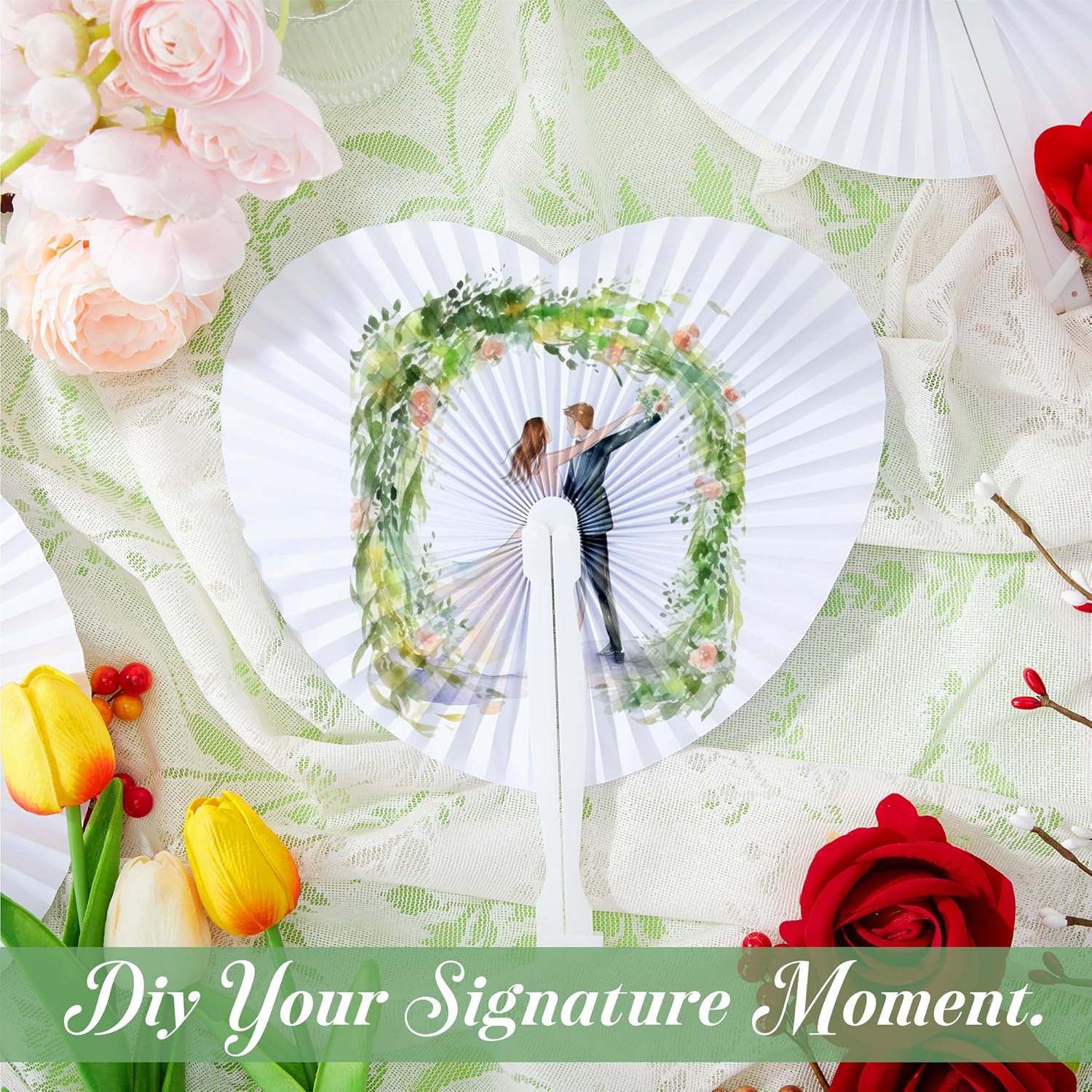 150 Pack White Paper Fans Round and Heart Shaped Hand Folding Fan Wedding Favors Decor Fan for Wedding Birthday Celebration Party Guests Bulk