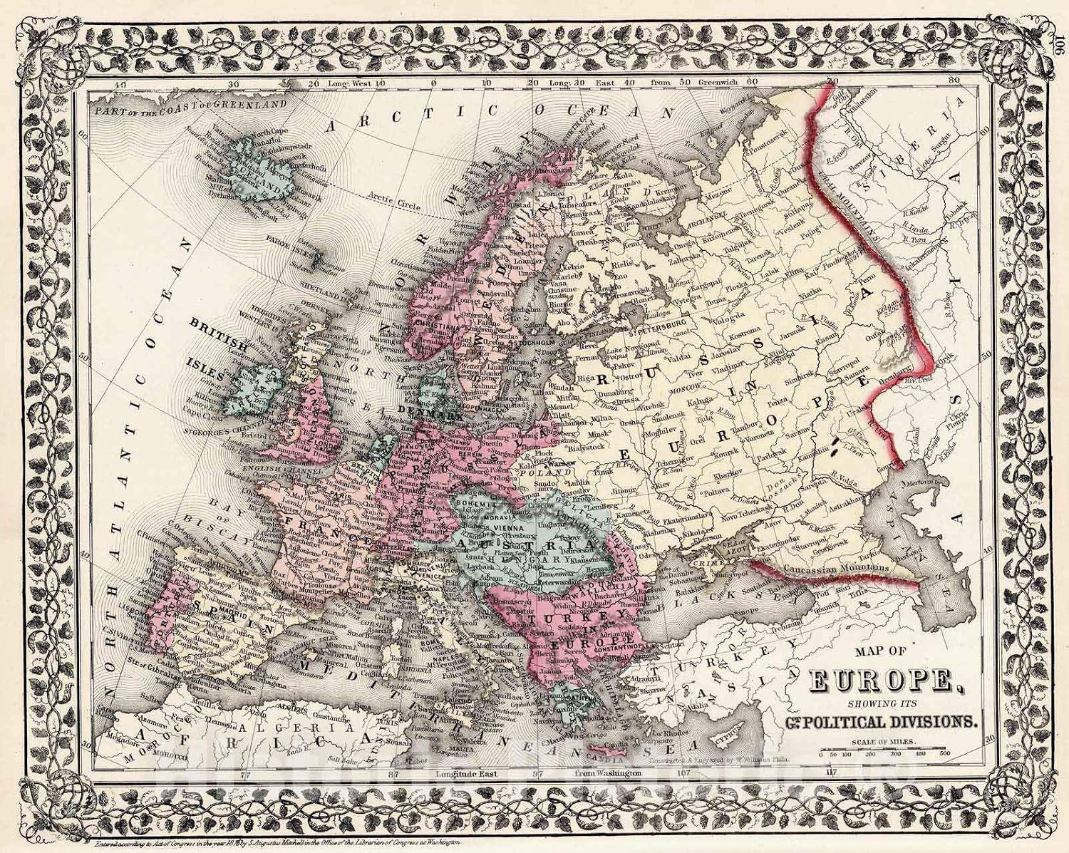 Europe - Route Map, 1877 - Historical Map Print from Mitchell's Atlas - 24in x 18in