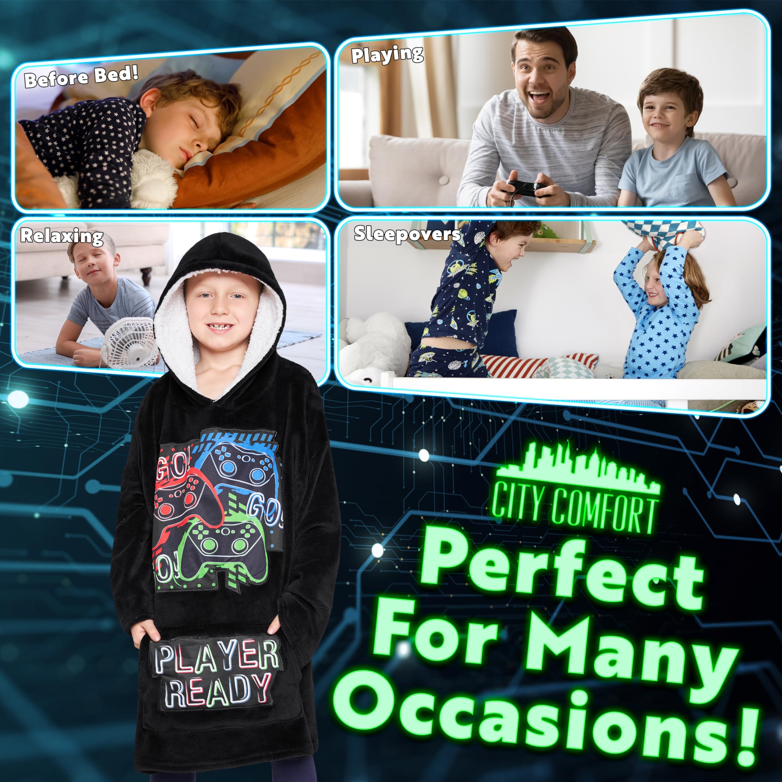 CityComfort Felpa Coperta Bambino - Felpe Oversize con Cappuccio in Morbido Pile Taglia Unica - Regalo per Gamer