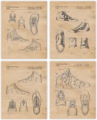 Classic AJ Shoes Patent Prints, 4 8x10 Unframed Photos, Wall Art Decor Gift for Home Basketball Sneakers Office Studio Gears Garage School Gym College Student Teacher Coach Fitness Trainer Fan