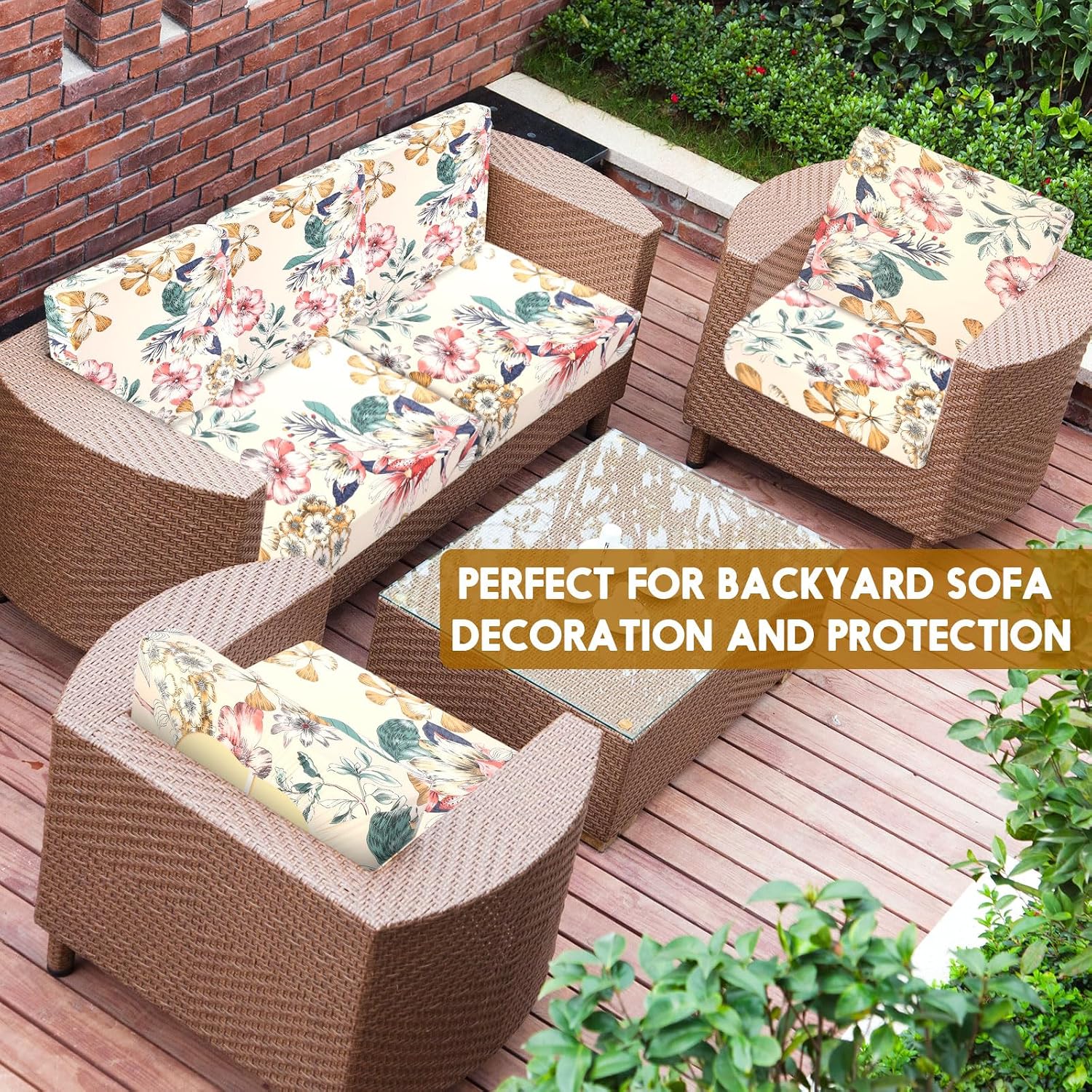 Tegeme 4 Pcs Summer Cushion Cover Stretchable Printed Floral Sofa Cushion Covers Bohemian Printed Washable with Elastic for Furniture Chair Bottom