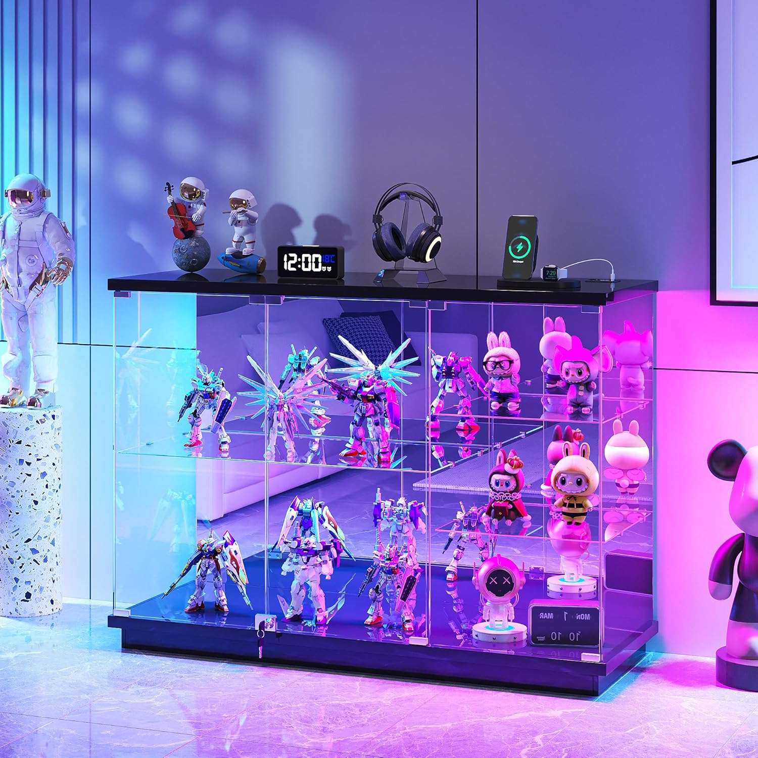 Lvifur RGB Glass Display Cabinet - with Lock, High Gloss Sideboard with Human Body Sensor & Glass Shelves for Toys, Books, Collectibles, Liquor, Bookcase for Living Room, Kitchen, Study, Black