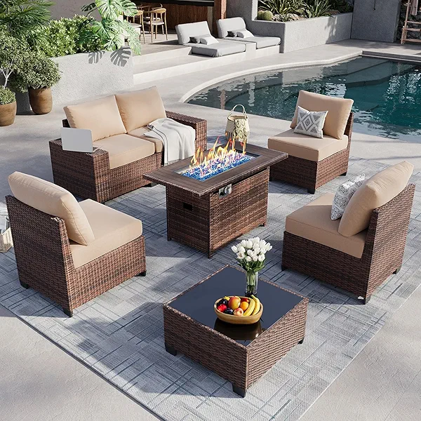 Aoxun Patio Fruniture Set with Fire Pit Table, Wicker Outdoor Patio Furniture Sets with 4 in Thick Cushions and Widen Armrests, All-Weather Outdoor Sectional for Backyard (Waterproof Cover Included)