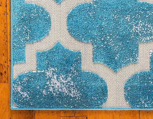 Vista 8 de Unique Loom Alfombra Colección enrejado Marroquí Celosía Transicional Interior y Exterior, Polipropileno Turquesa/beige