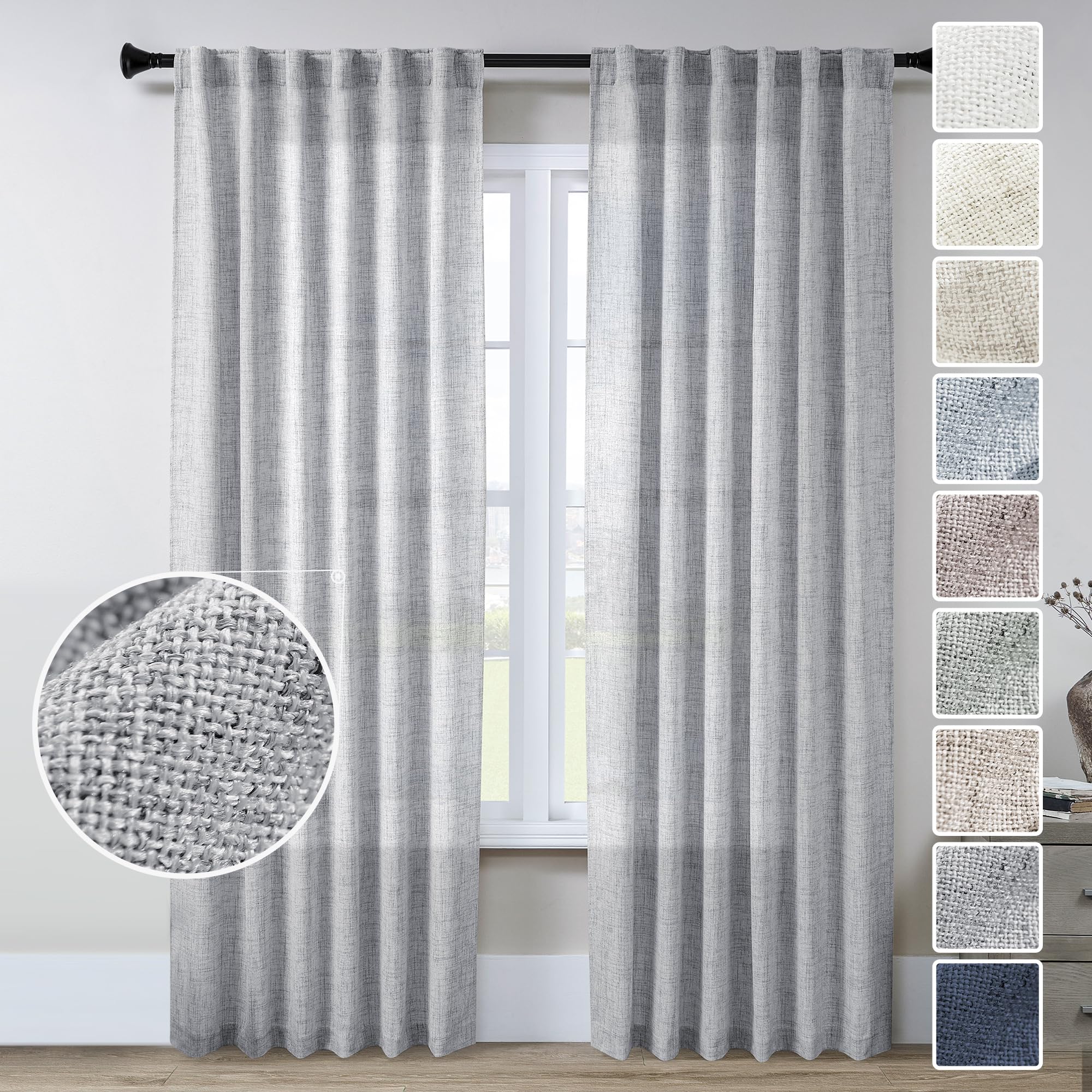Grey Curtains 96 Inches Long for Living Room 2 Panels Set Back Tab Modern Farmhouse Boho Linen Light Gray Curtain Panels Light Filtering Sheer Window Drapes for Sliding Glass Door