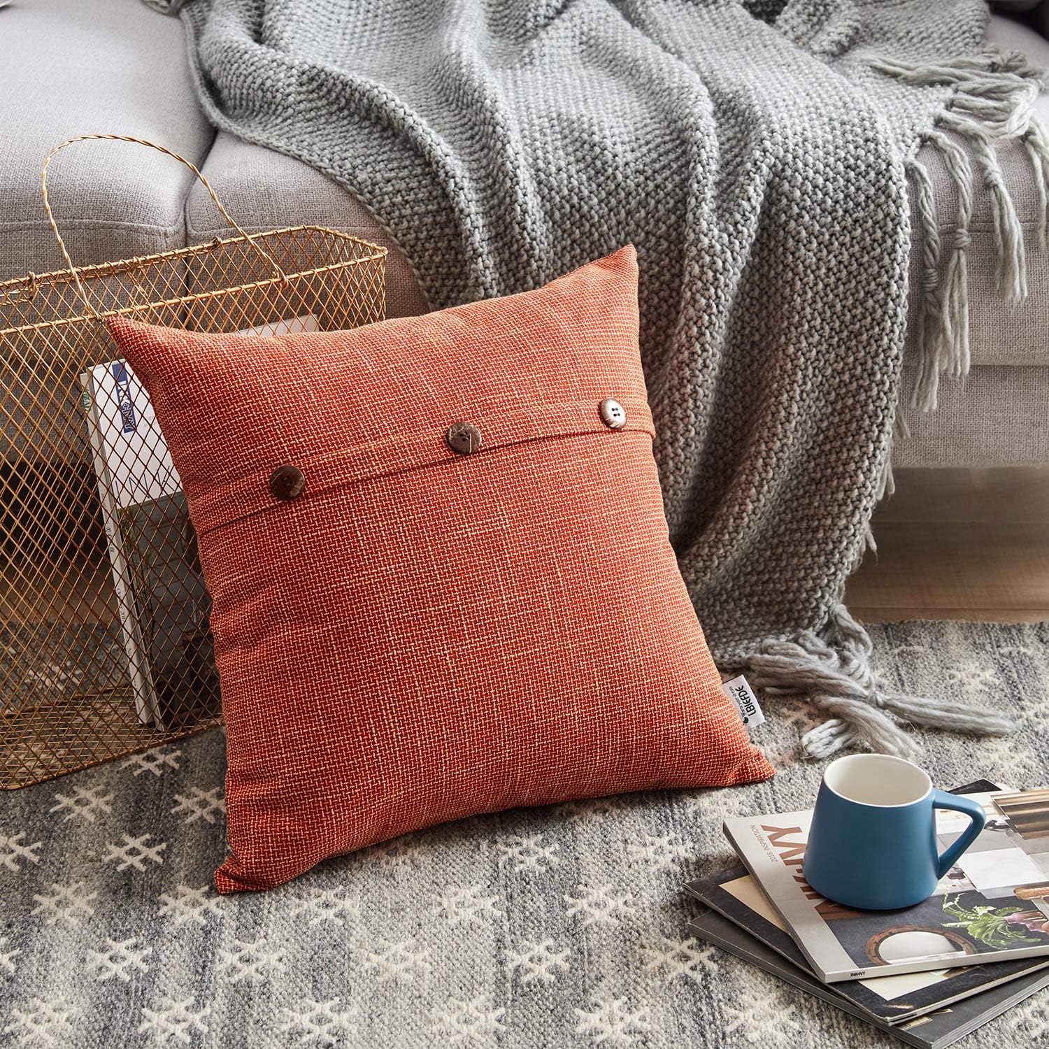 WESTERN HOME WH Decorative Linen Throw Pillow Covers, Triple Button Vintage Cushion Covers, Farmhouse Pillow Covers for Couch Sofa Bed Set of 2 (Orange, 16 * 16)
