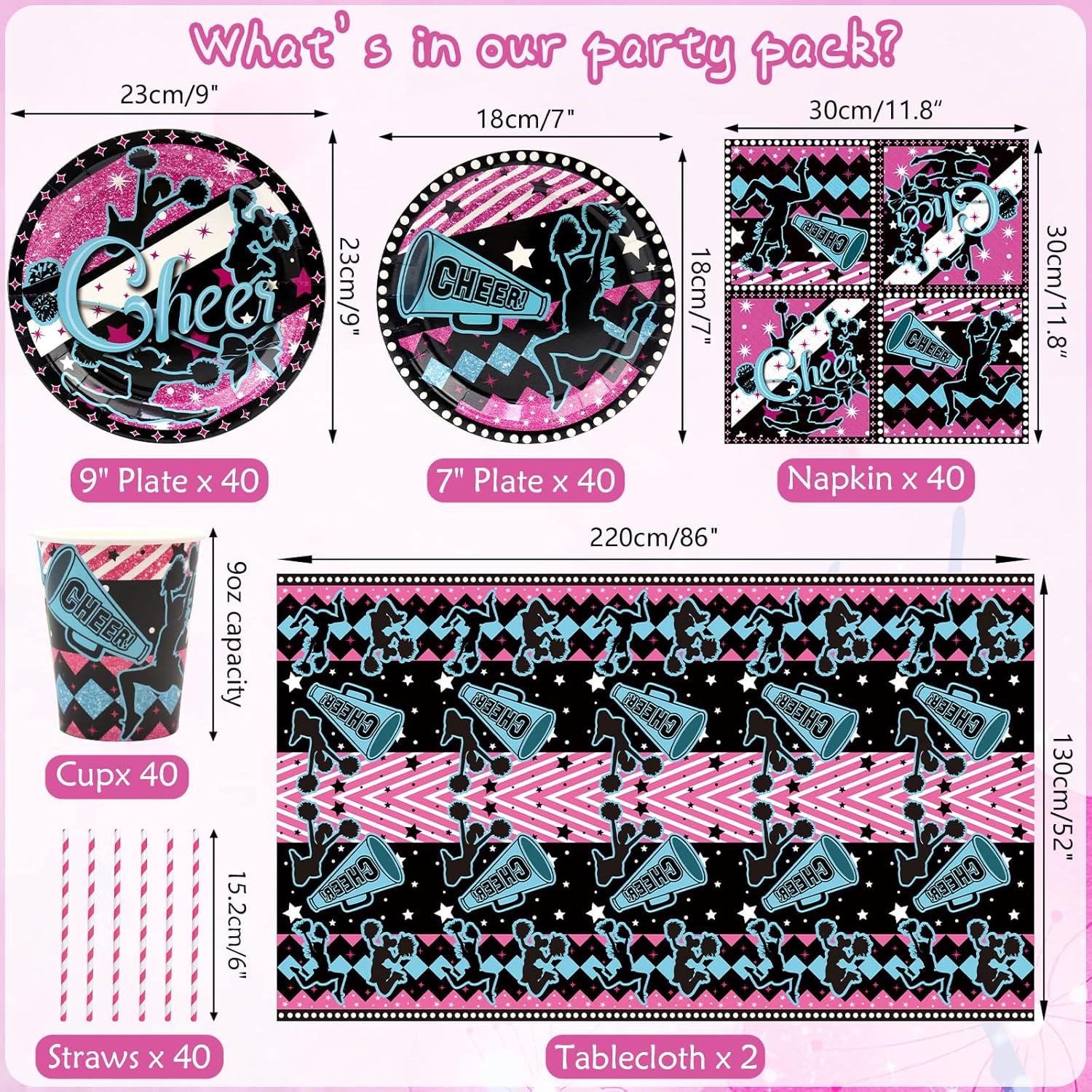 Cheerleading Party Decorations - Gymnastics Party Cheer Part Plates Tableware, Including Plates, Cups, Napkins, Tablecloth, Straw for Cheerleading Birthday Party Supplies, Serves 40
