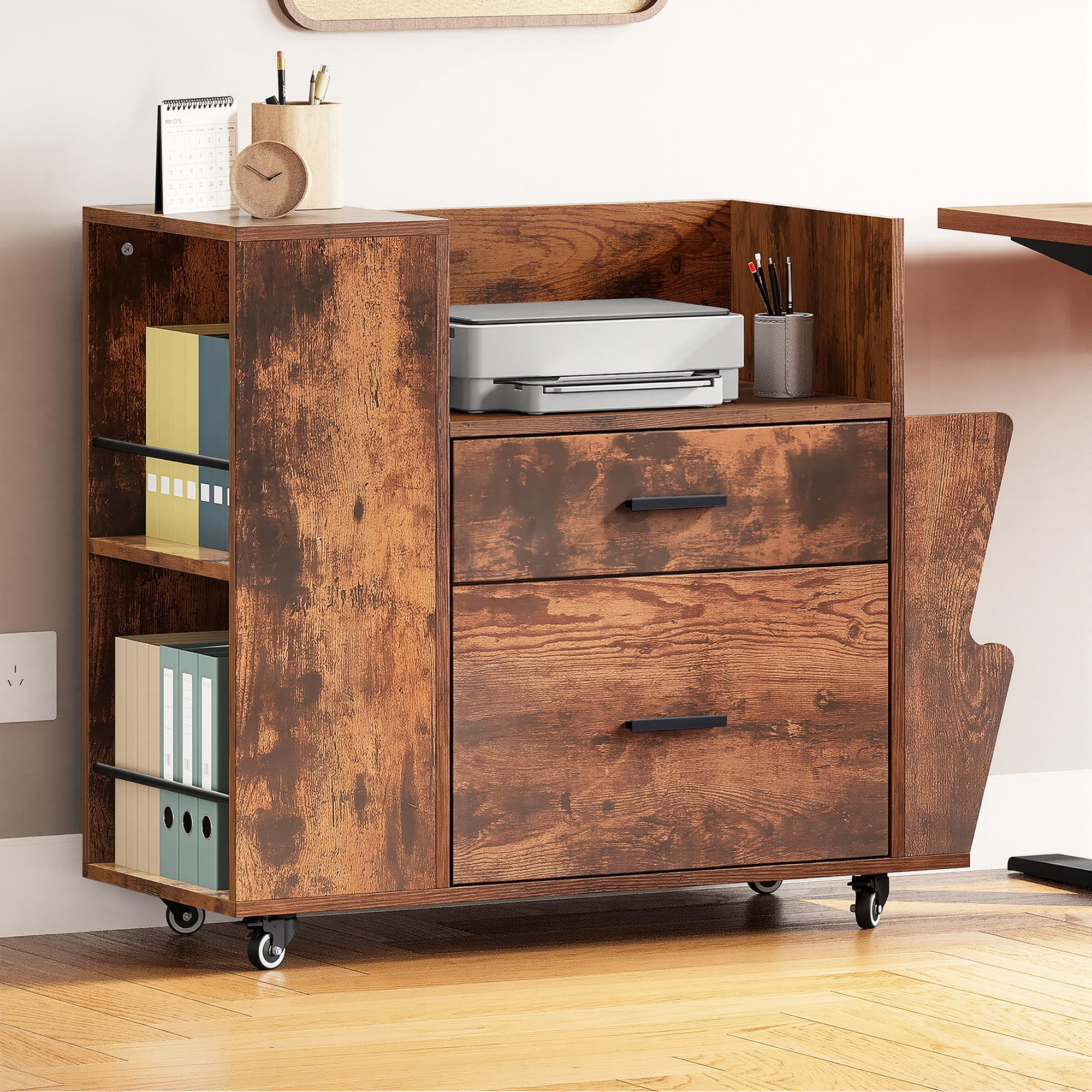YITAHOME Rolling Aktenschrank mit Seitenhaltern und 4 Rädern, Braun