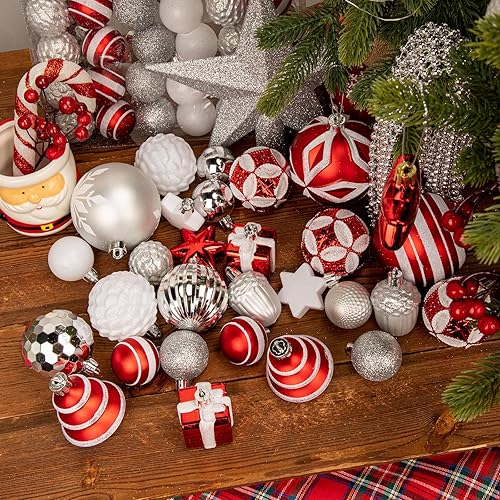 Miniatura 29 de Juego de 75 adornos navideños rojos y verdes - Kit de bolas inastillables para decoración de árbol de Navidad con estrella para coronar el árbol,