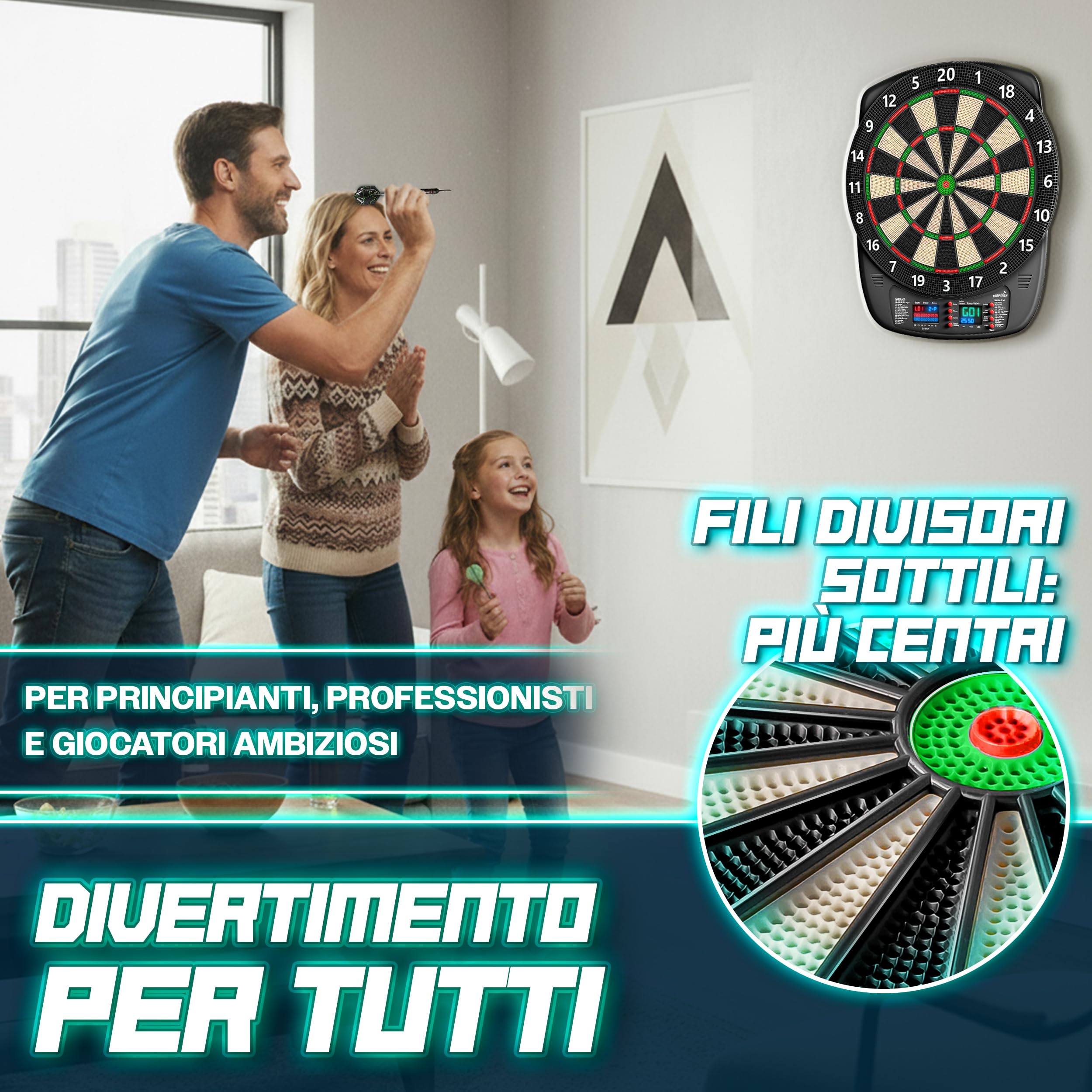 RE:SPORT® Bersaglio elettronico per freccette, set professionale con 12 freccette + 24 ali Pro + 100 punte per freccette e accessori | E Dartautomat per 1–8 giocatori con 427 varianti | Bersaglio