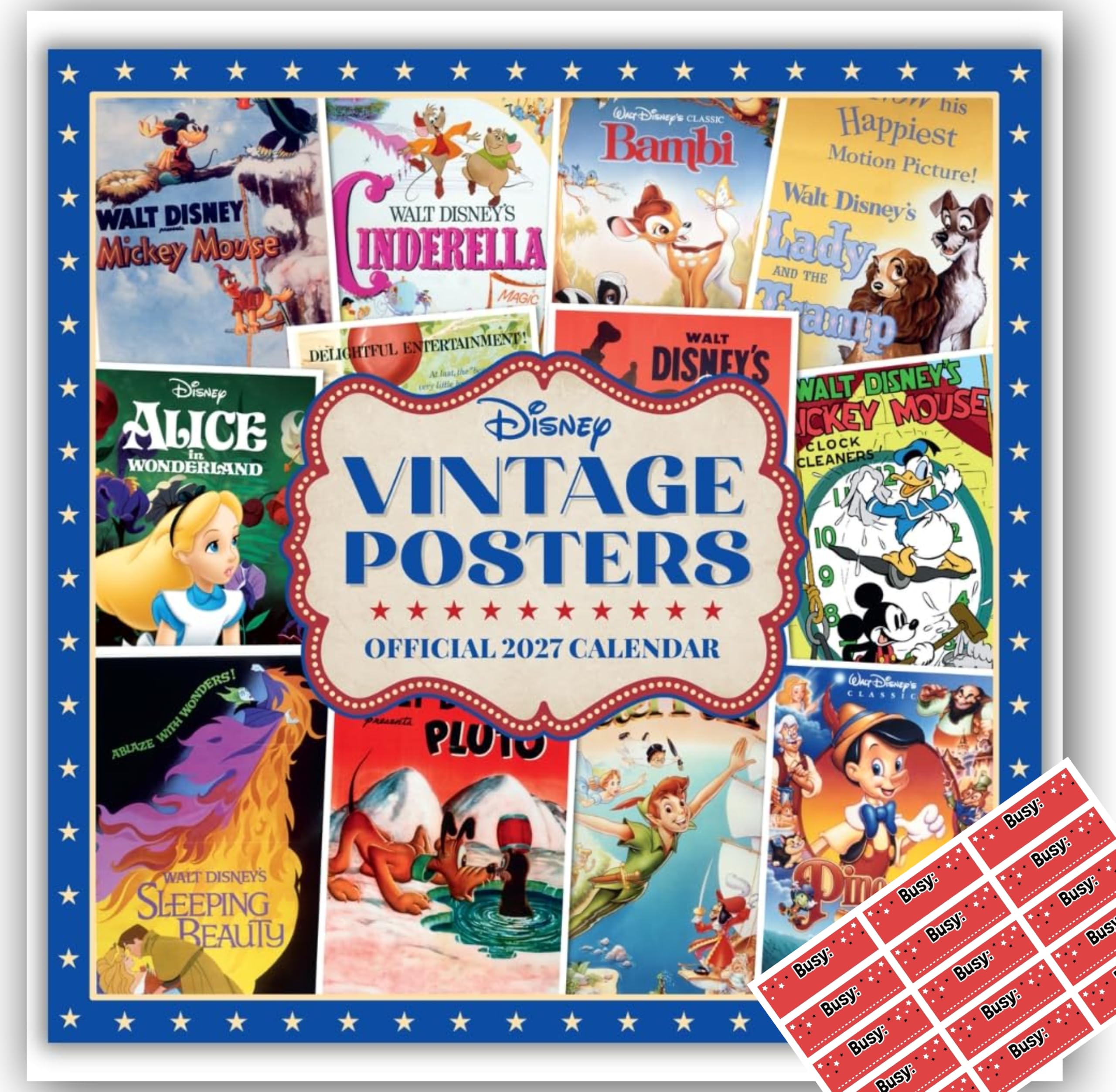 Disney Vintage Posters Calendar 2027 Square Calendar Gift Present with Free Organising Stickers, 305x305mm