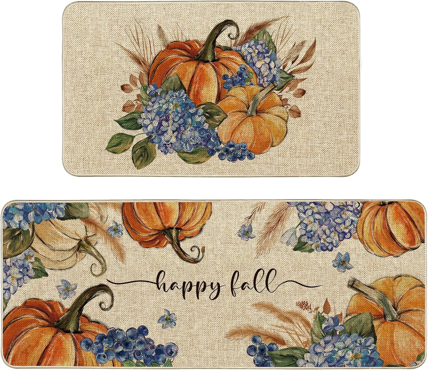 Happy Fall Thanksgiving Harvest Pumpkin Kitchen Mats Set of 2, Autumn Grateful Kitchen Rugs Blue Hydrangea Floor Non-Slip Low Profile Mat Seasonal Farmhouse Home Decor 17x29 and 17x47 Inch