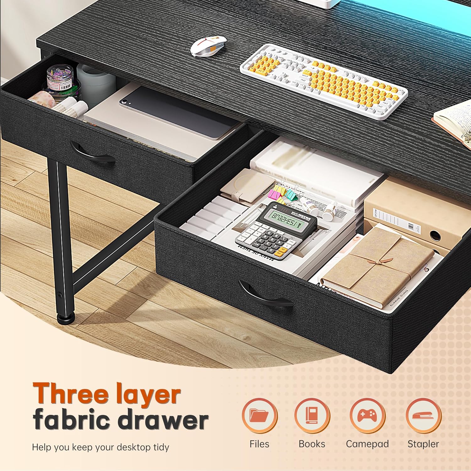 DurayLoly 31.5Inch Office Computer Desk with LED Lights & 2 Fabric Drawers, Gaming Desk with Side Pocket & Ergonomic Monitor Stand, Small Space Study Writing Table with Anti-Tip Design,Black