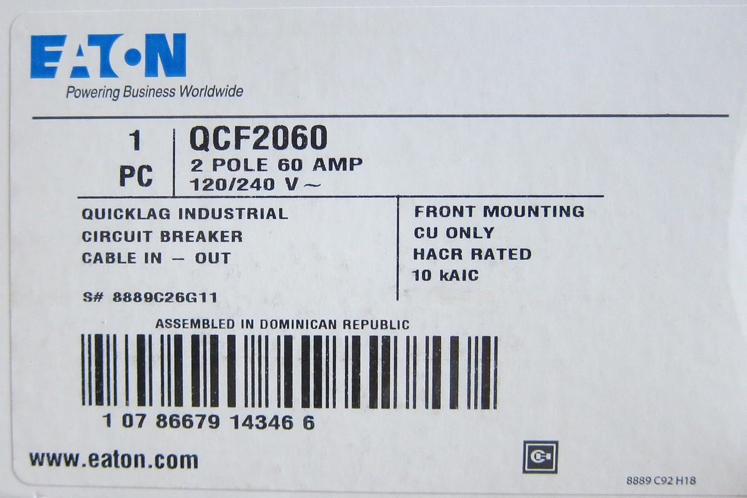 Eaton QCF2060 Quicklag Industrial Circuit Breaker