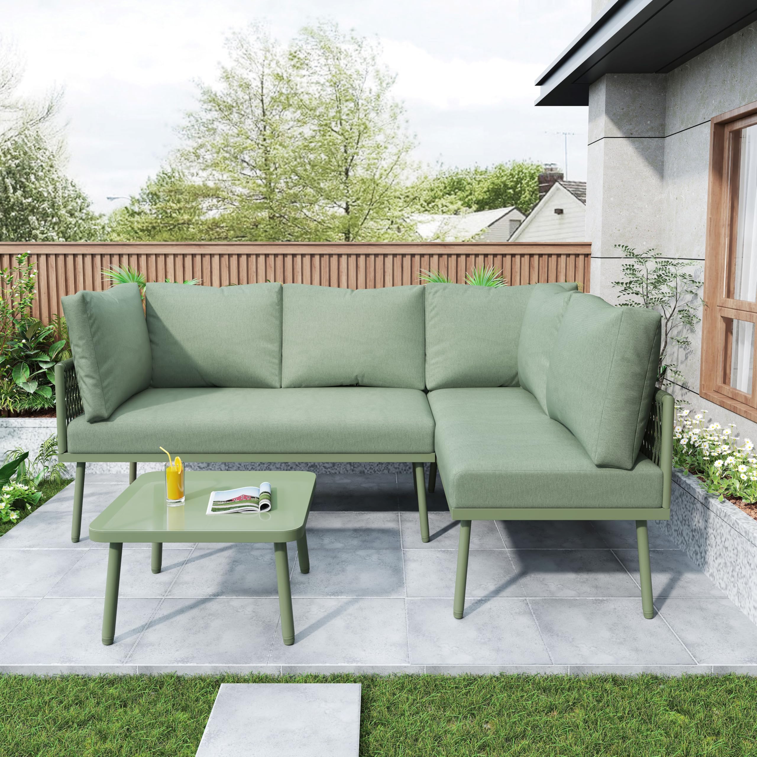 Zepneiy Set di mobili da giardino lounge per esterni, set di mobili da giardino a forma di L, con 2 divani e 1 tavolo, mobili da balcone, divano da giardino in ferro e corda verde, con cuscino di