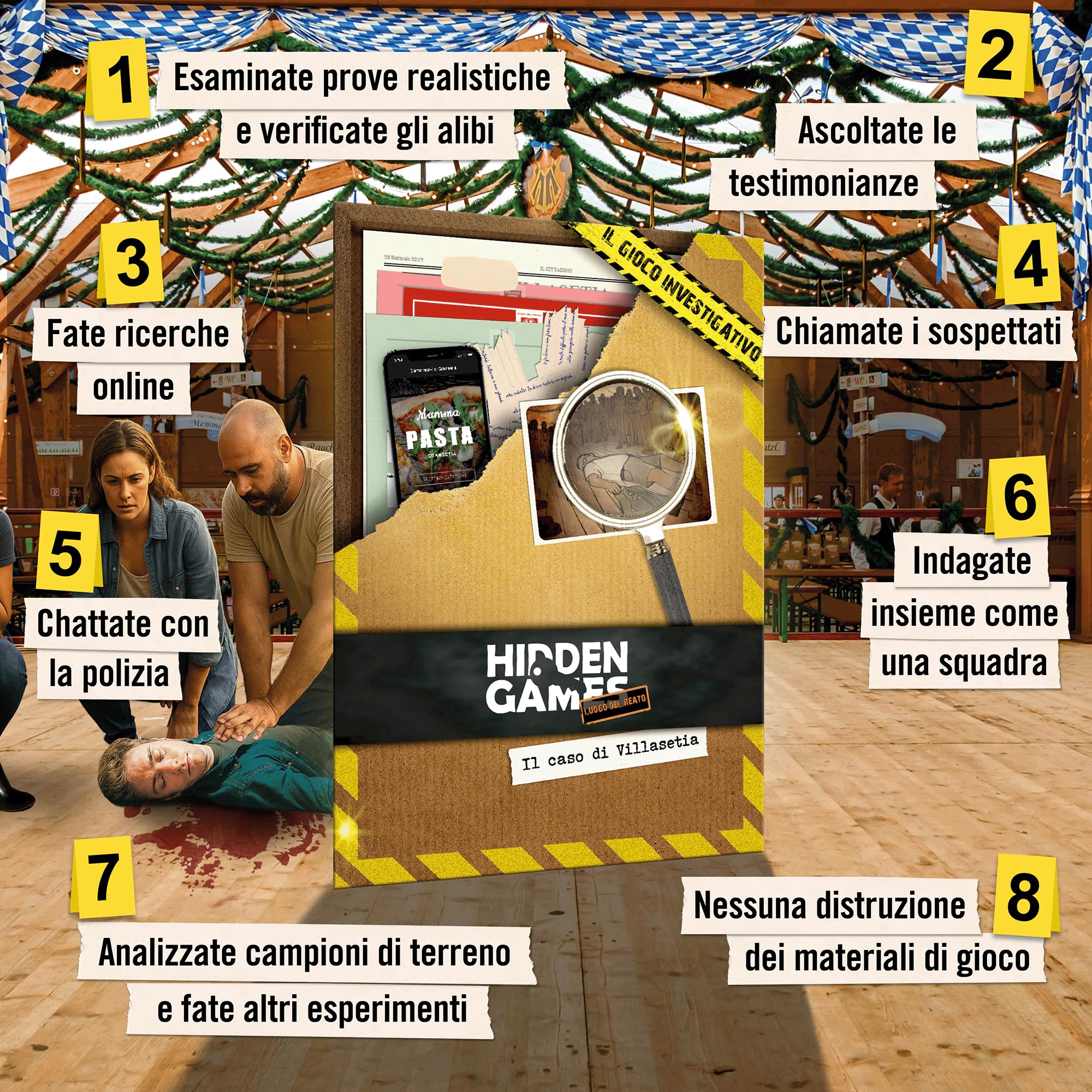 Hidden Games Luogo del Reato – Il caso di Villasetia – Gioco investigativo, tipo Escape Room da tavolo, giochi nascosti, risolvi un caso, detective gioco, caso da risolvere