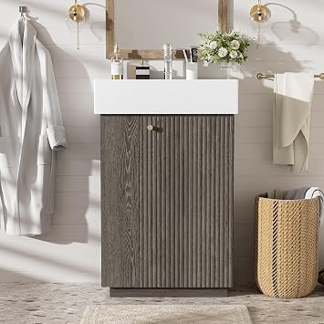 Merax Small Bathroom Vanity, Modern Floor Standing Bathroom Vanity with Sink, Ceramic Sink Vanity with Side Storage Shelves and Toilet Paper Holders, Dark Grey