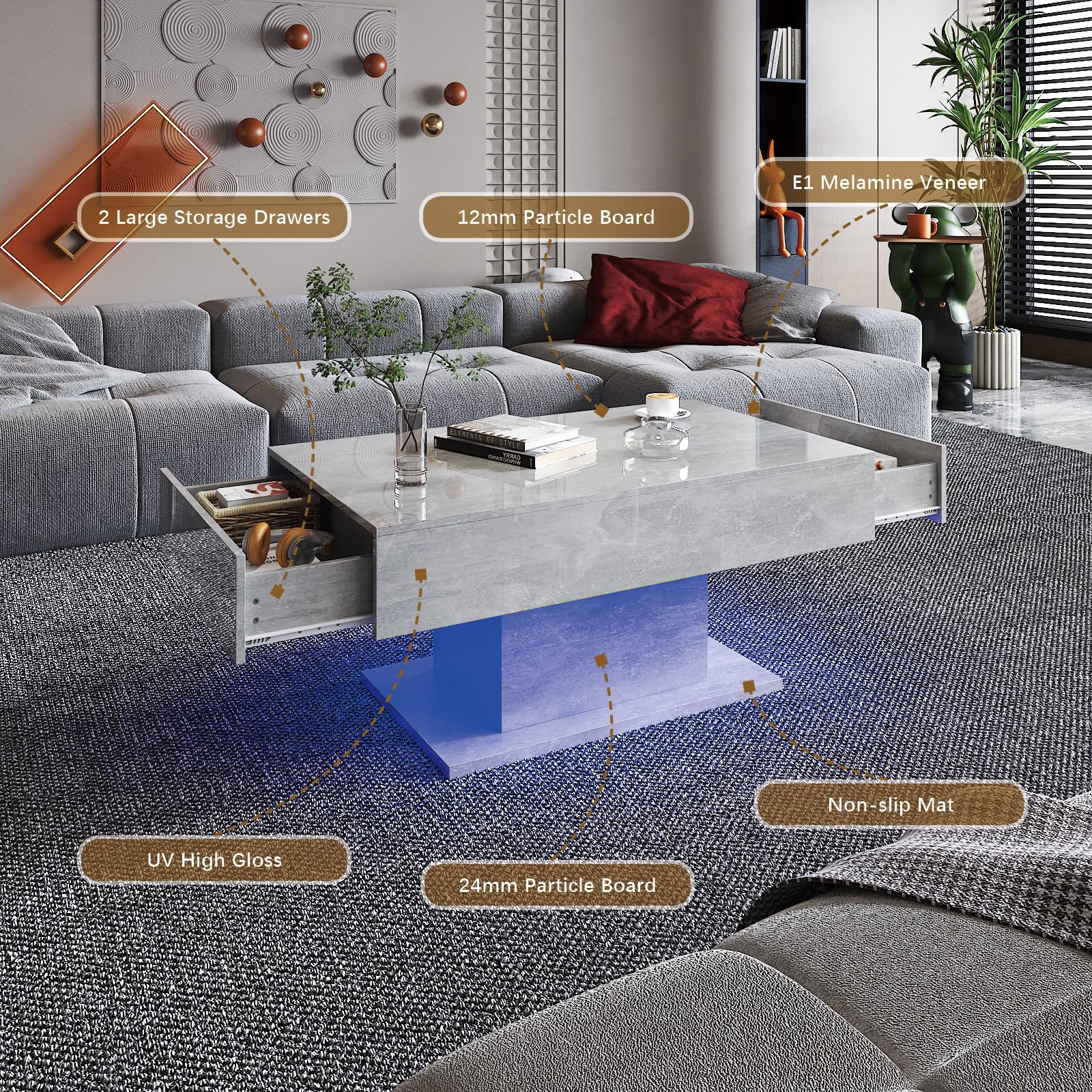 KEEPREAPER Couchtisch, Wohnzimmertisch mit LED Beleuchtung und 2 Schubladen für Wohnzimmer Hochglanz 110x55x50cm (Grau)