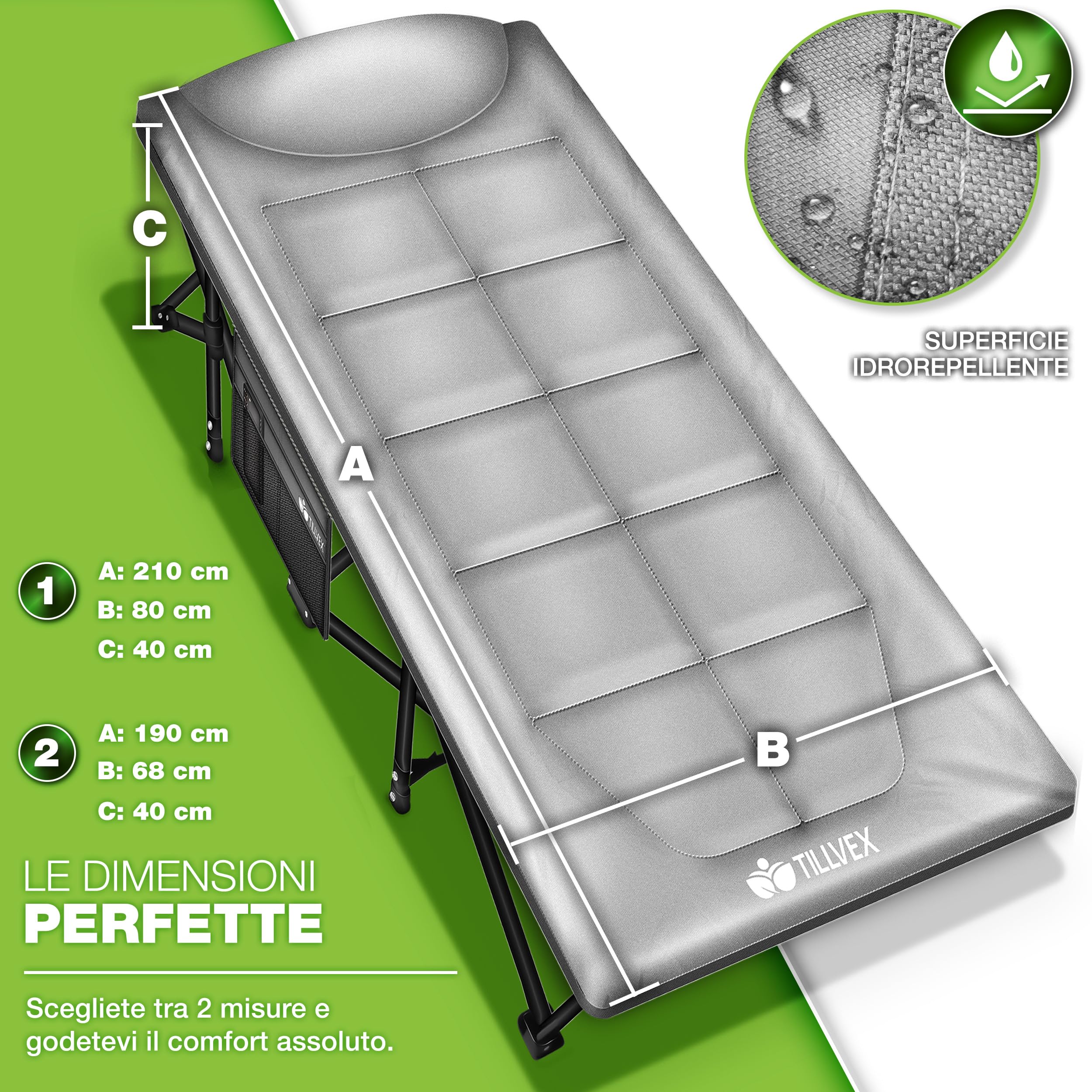 tillvex® Letto da campeggio pieghevole con borsa per il trasporto fino a 200 kg | Lettino da campeggio extra largo | Lettino da campeggio per interni ed esterni | Letto pieghevole per gli ospiti
