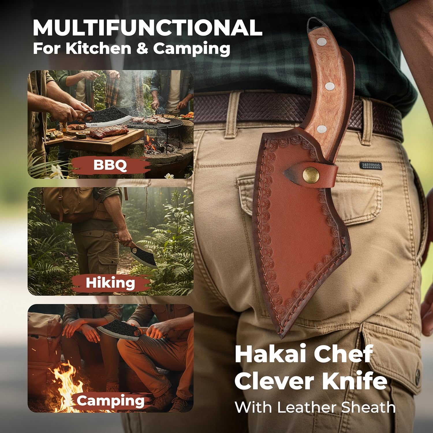 Hakai Chef Cleaver Knife – Full Tang High Carbon Stainless Steel Butcher Knife with Ergonomic Rosewood Handle & Leather Sheath – Sharp Meat Cutting Knife for Kitchen, Camping & BBQ