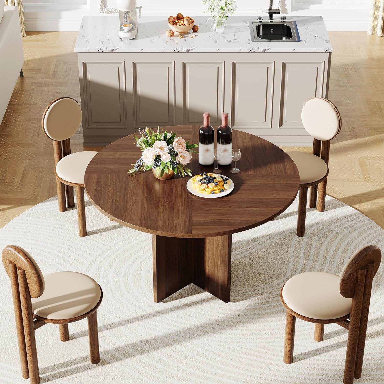 47 Inch Round Dining Table for 4-6 People, Rustic Circle Kitchen Table with X-Shaped Stable Pedestal, Dinner Table for Dining Room Kitchen Living Room, Walnut