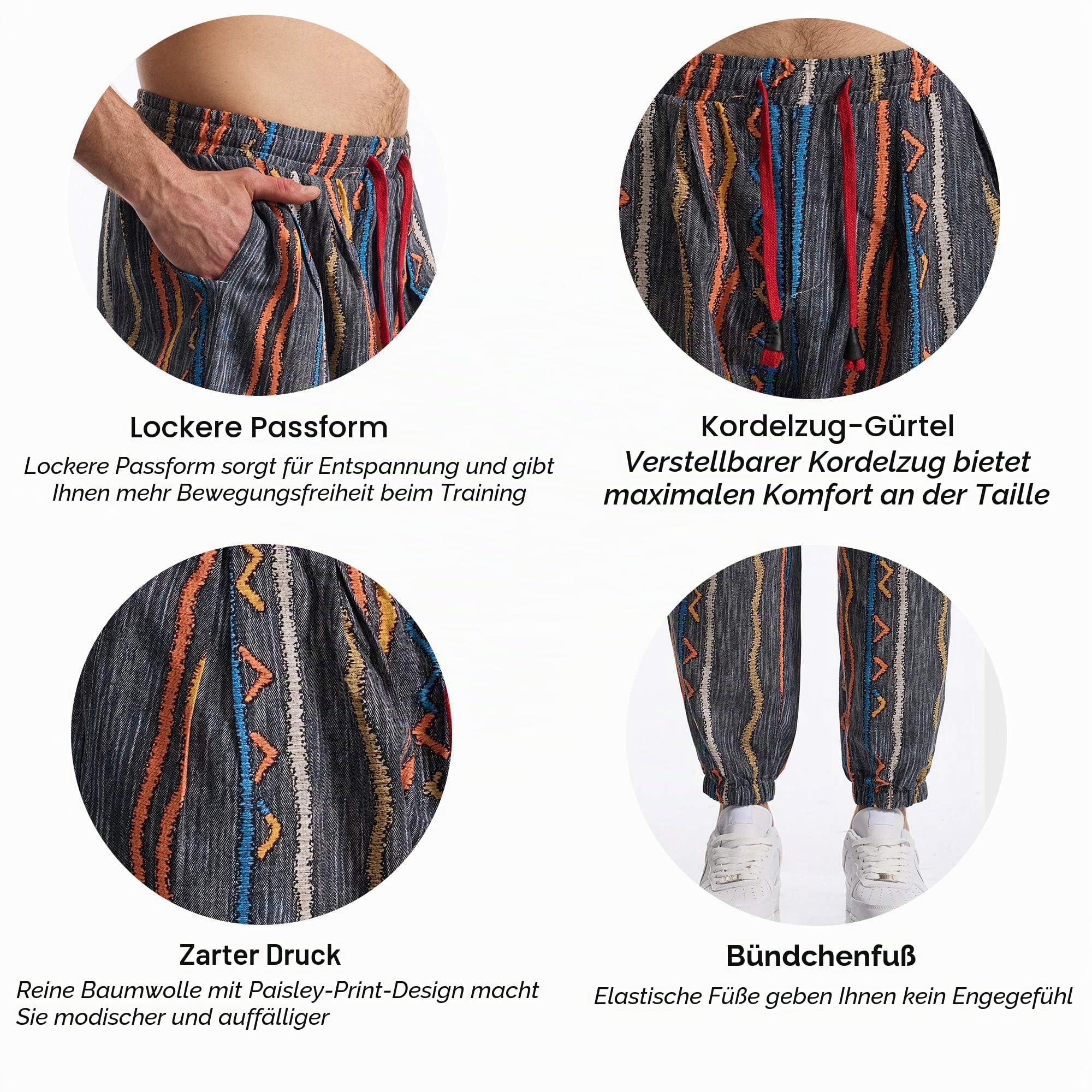 MakingDa Herren-Jogginghose aus Baumwolle mit elastischem Bund, Paisley bedruckter, Hippie-Stil Weite Beinhose, Lockere Passform, bequem für Strand, Spazierengehen, Laufen und Joggen