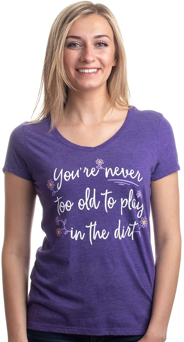 Ann Arbor T-shirt Co. Never Too Old to Play in Dirt | Funny Gardener Gardening V-Neck T-Shirt for Women - Heather Purple, X-Large by Ann Arbor T-shirt Co. - Used condition - US$8.76