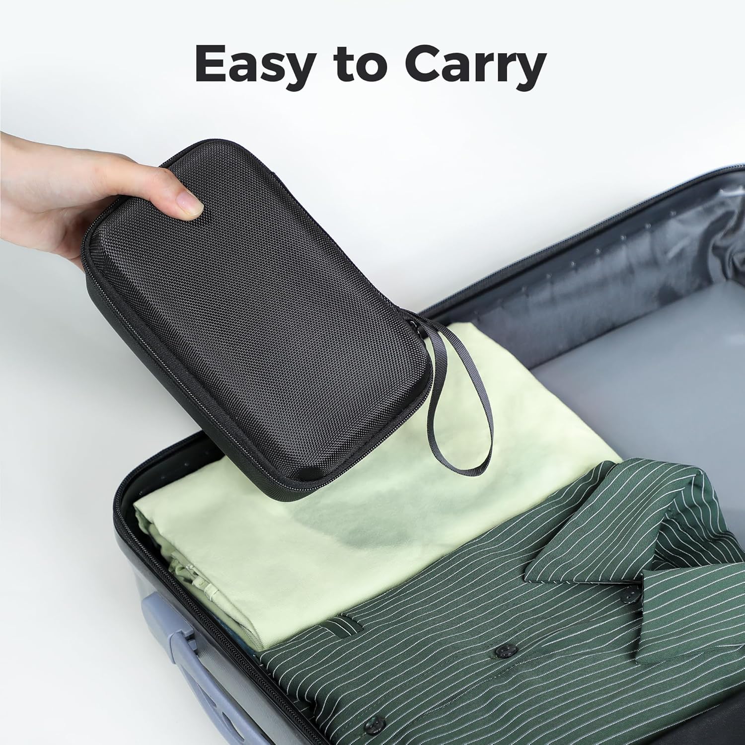 Nelko PM220 Label Maker Carrying Case being placed into a suitcase, demonstrating its travel-friendly size.