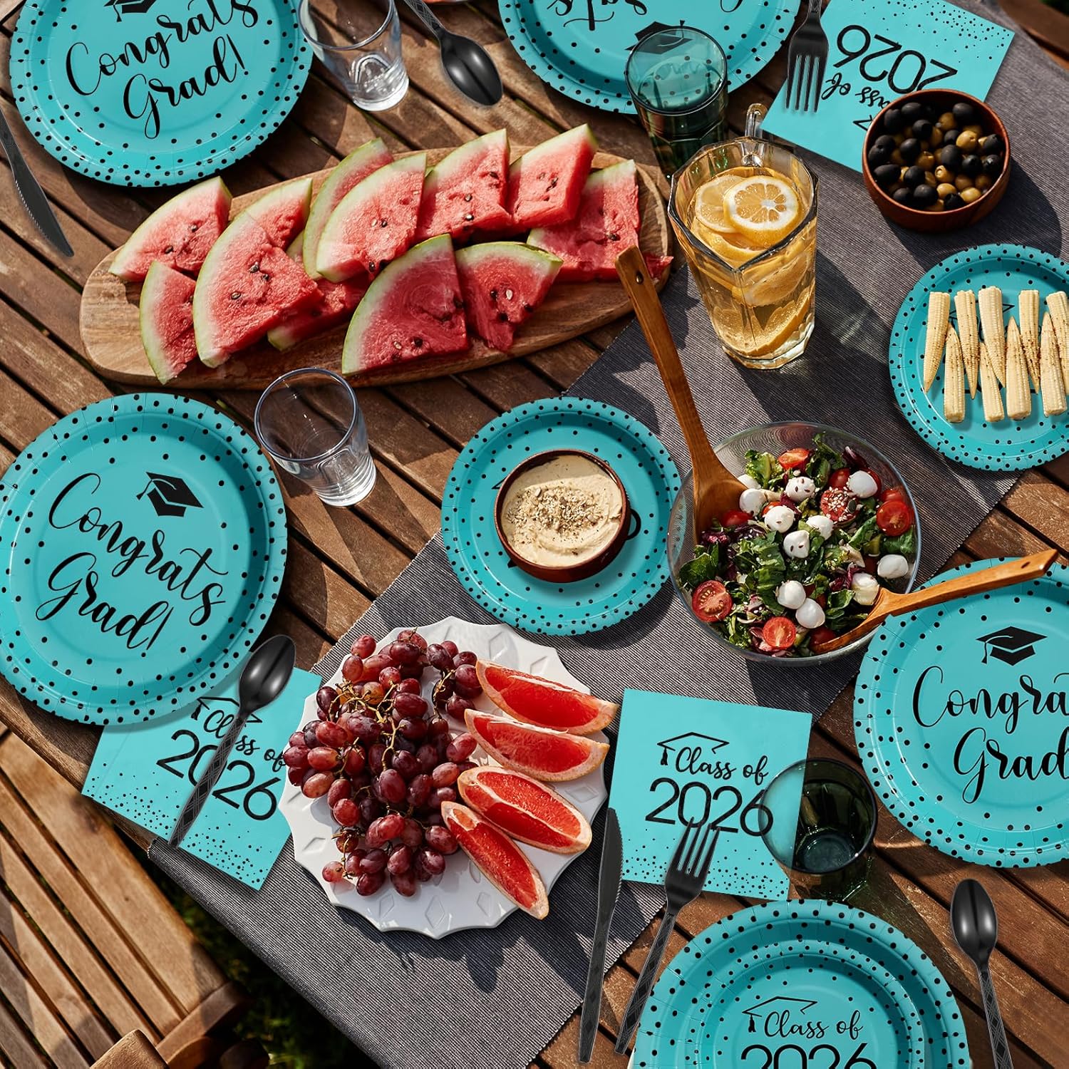 350pcs Class of 2026 Graduation Plates and Napkins Set, Disposable Paper Plate Set Polka Dots Plates Napkins Cups Knife Fork Spoon for Graduation Party Decorations and Supplies,Serve 50（Teal Black）