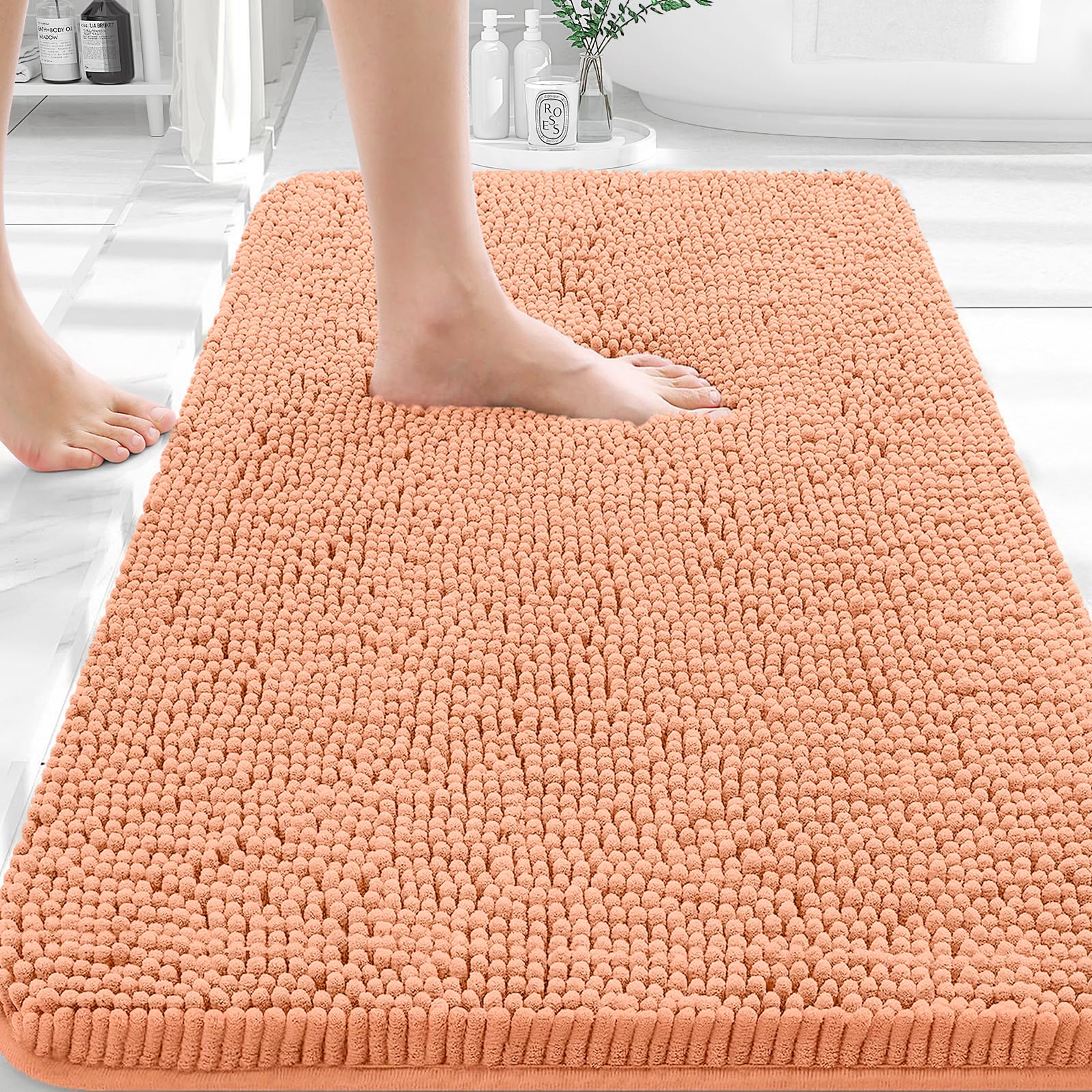 OLANLY Small Bathroom Rugs 30x18, Extra Soft Absorbent Chenille Bath Rugs | Peach, Quick-Drying Rubber Backing, Machine Washable Bath Mat for Bathroom Floor, Tub and Shower, Home Decor Accessories